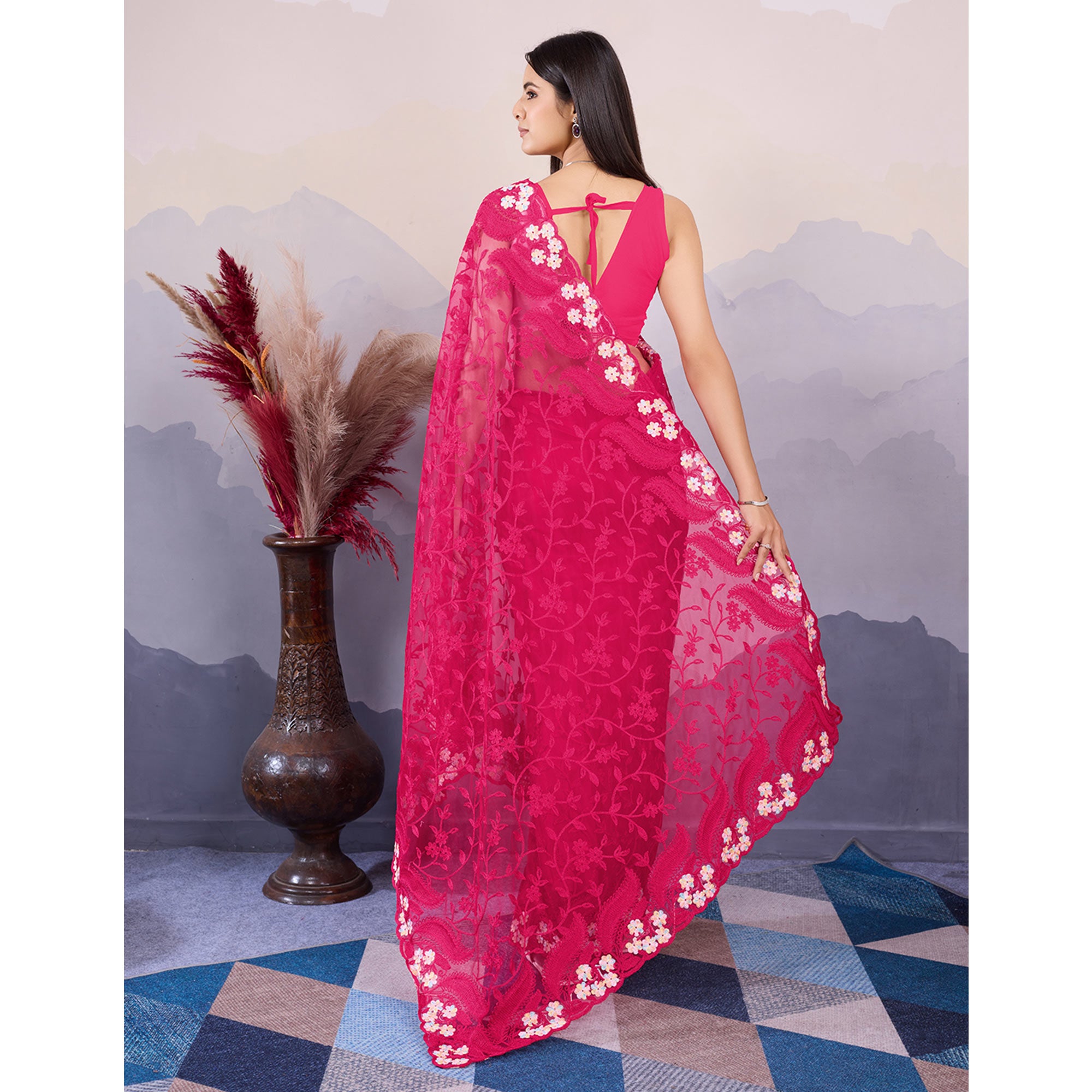 Pink Floral Thread Embroidered Net Saree