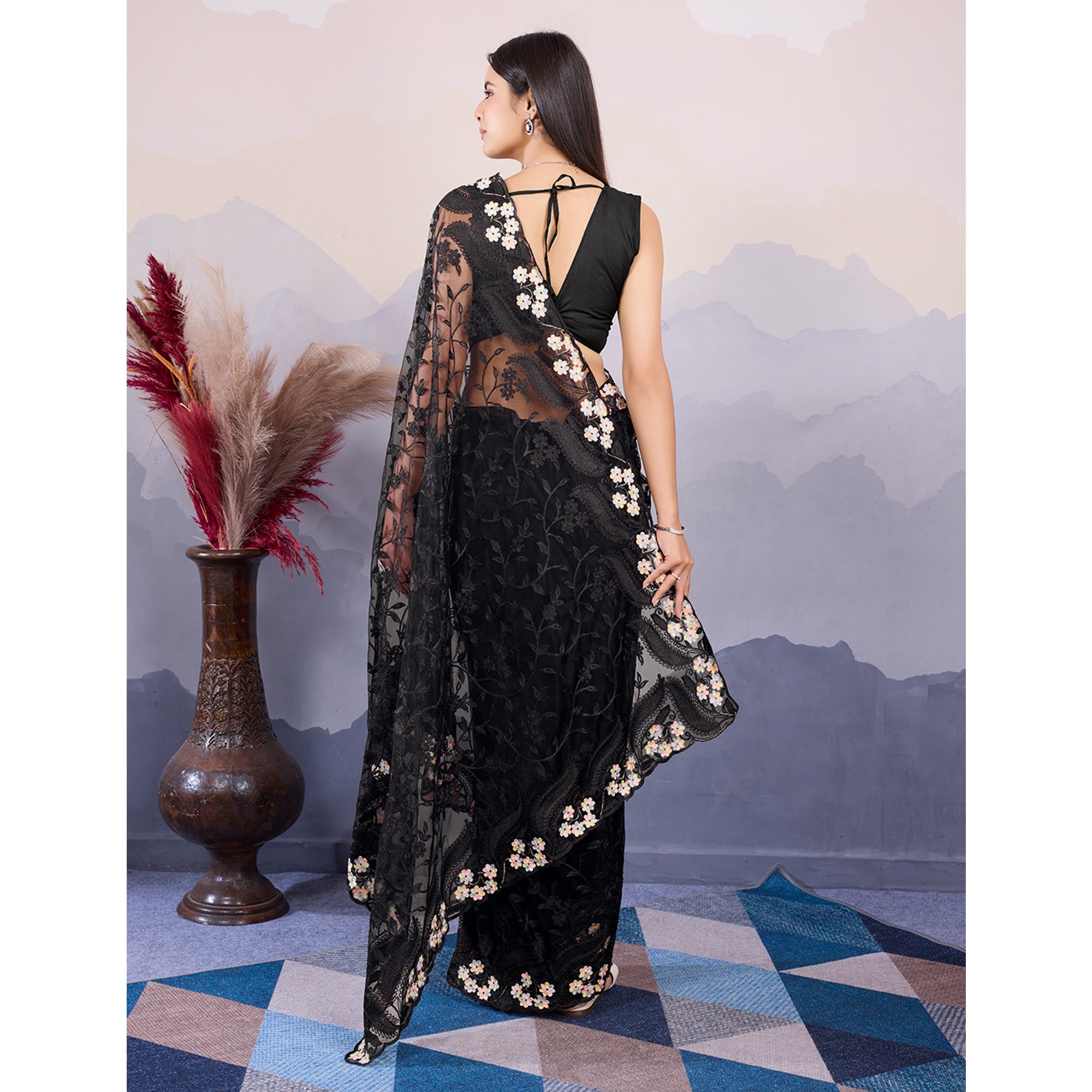 Black Floral Thread Embroidered Net Saree