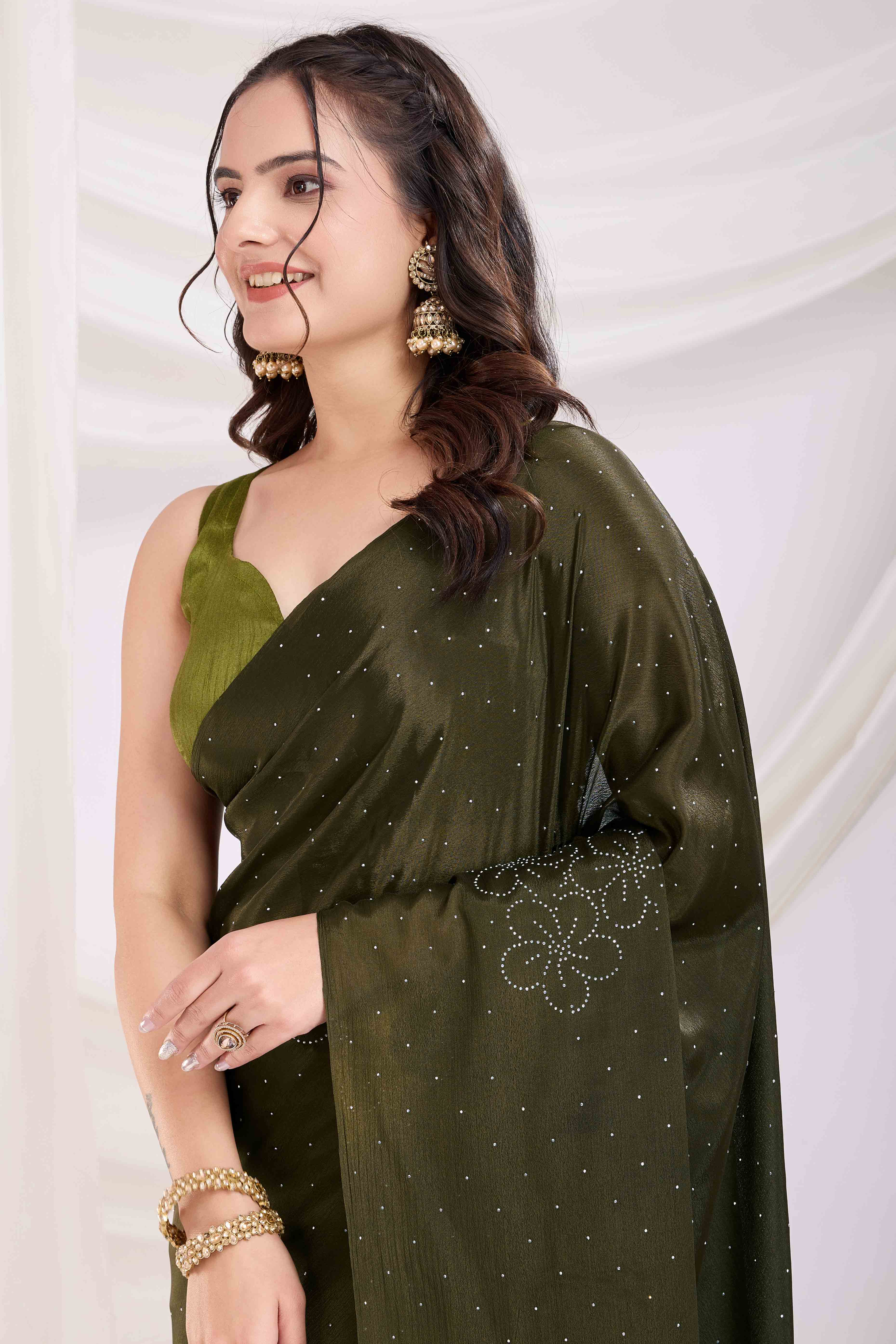 Mehendi Green Floral Swarovski Work Rangoli Art Silk Ready To Wear Saree