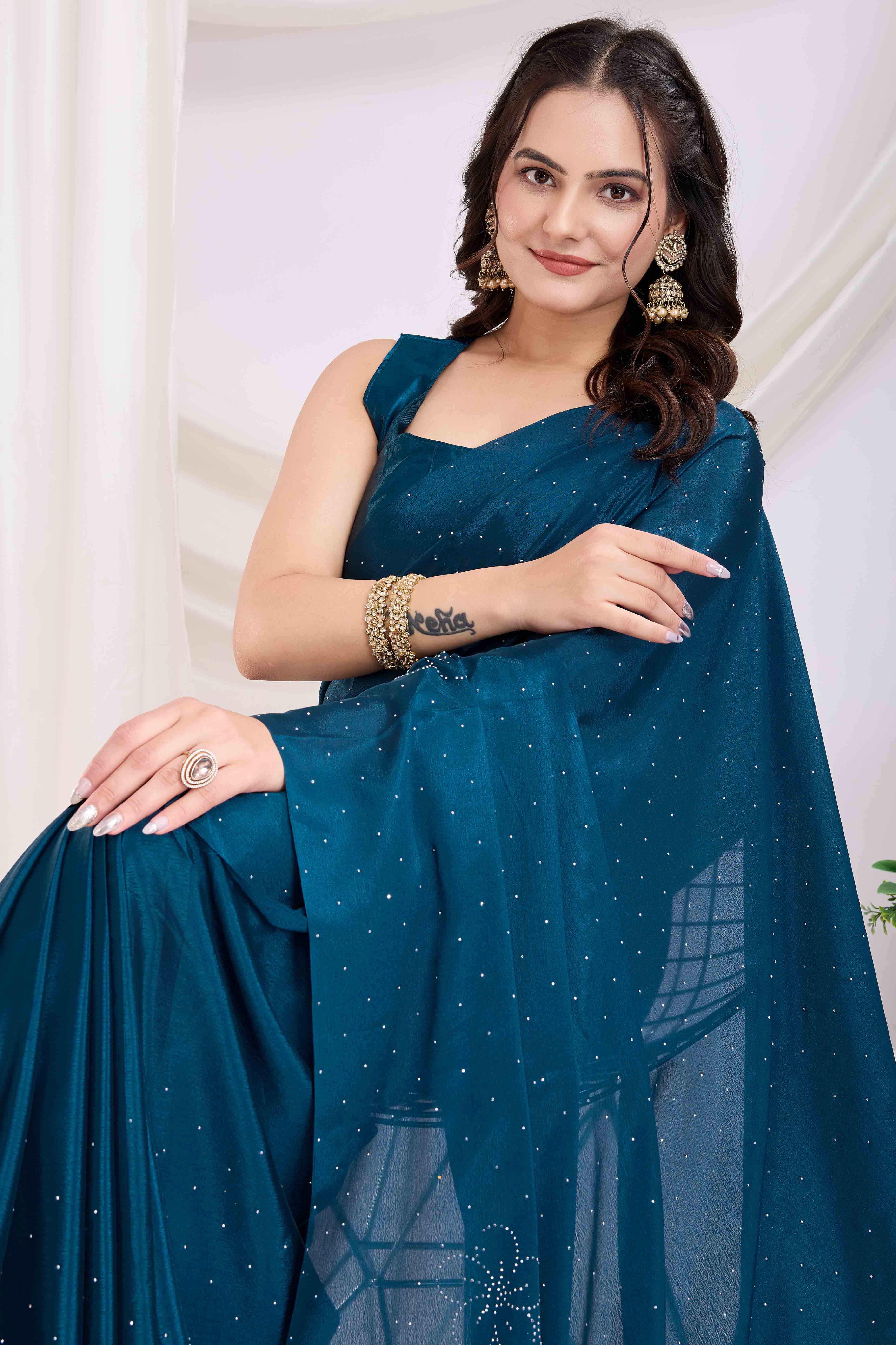 Blue Floral Swarovski Work Rangoli Art Silk Ready To Wear Saree