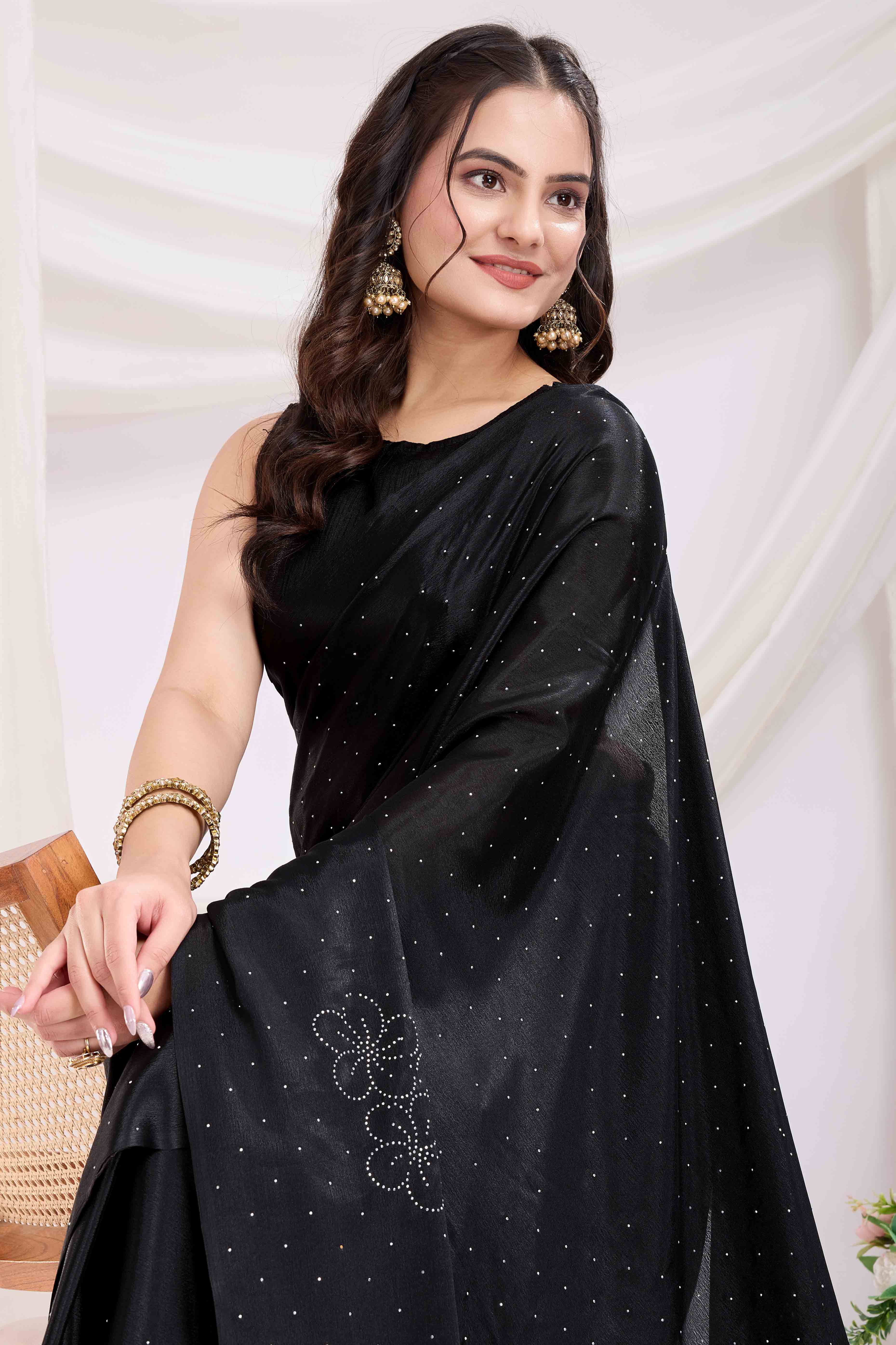 Black Floral Swarovski Work Rangoli Art Silk Ready To Wear Saree