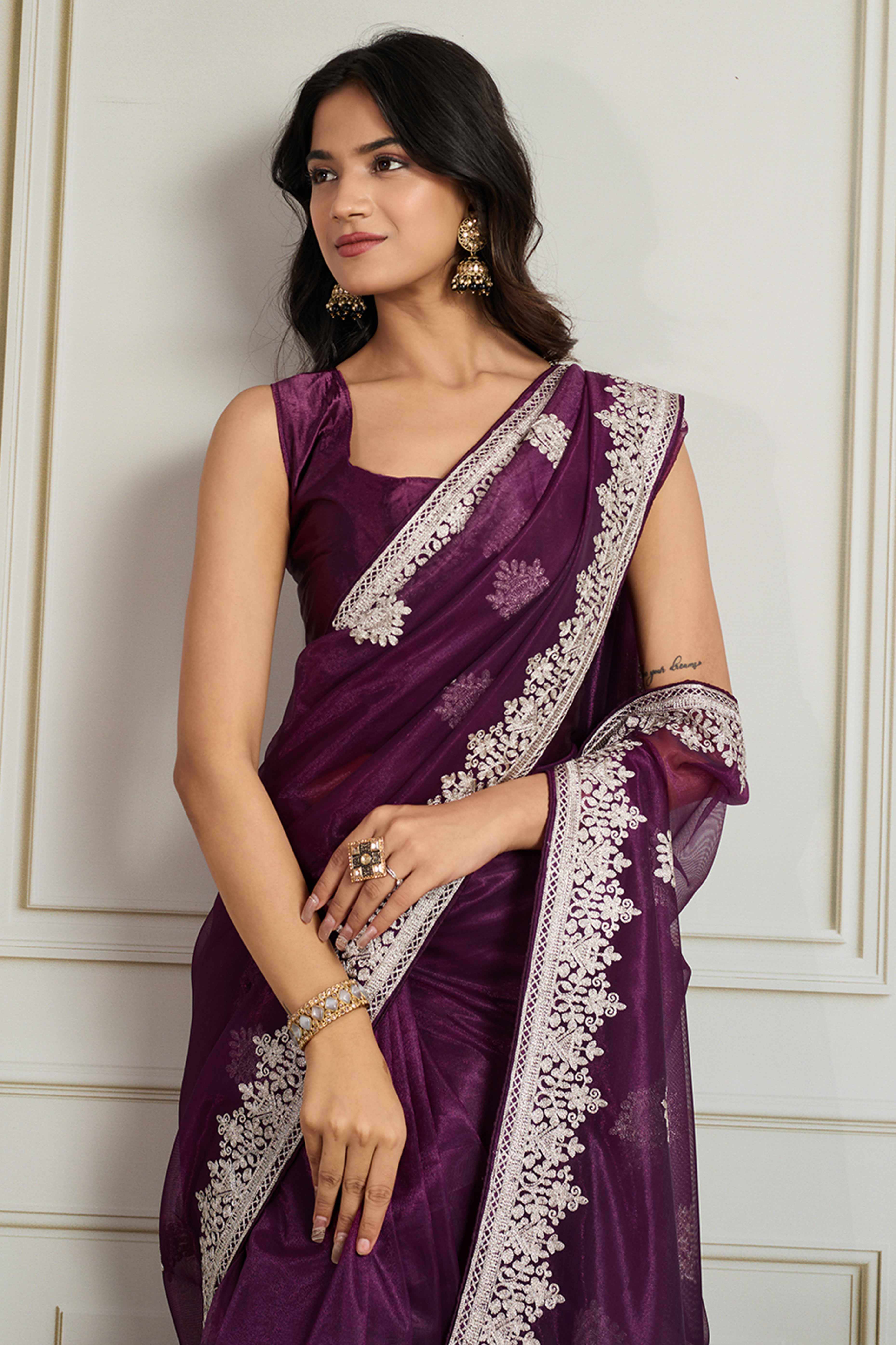 Stylish Purple Twill Net Saree Crafted With Floral Cording & Sequins Embroidery Work