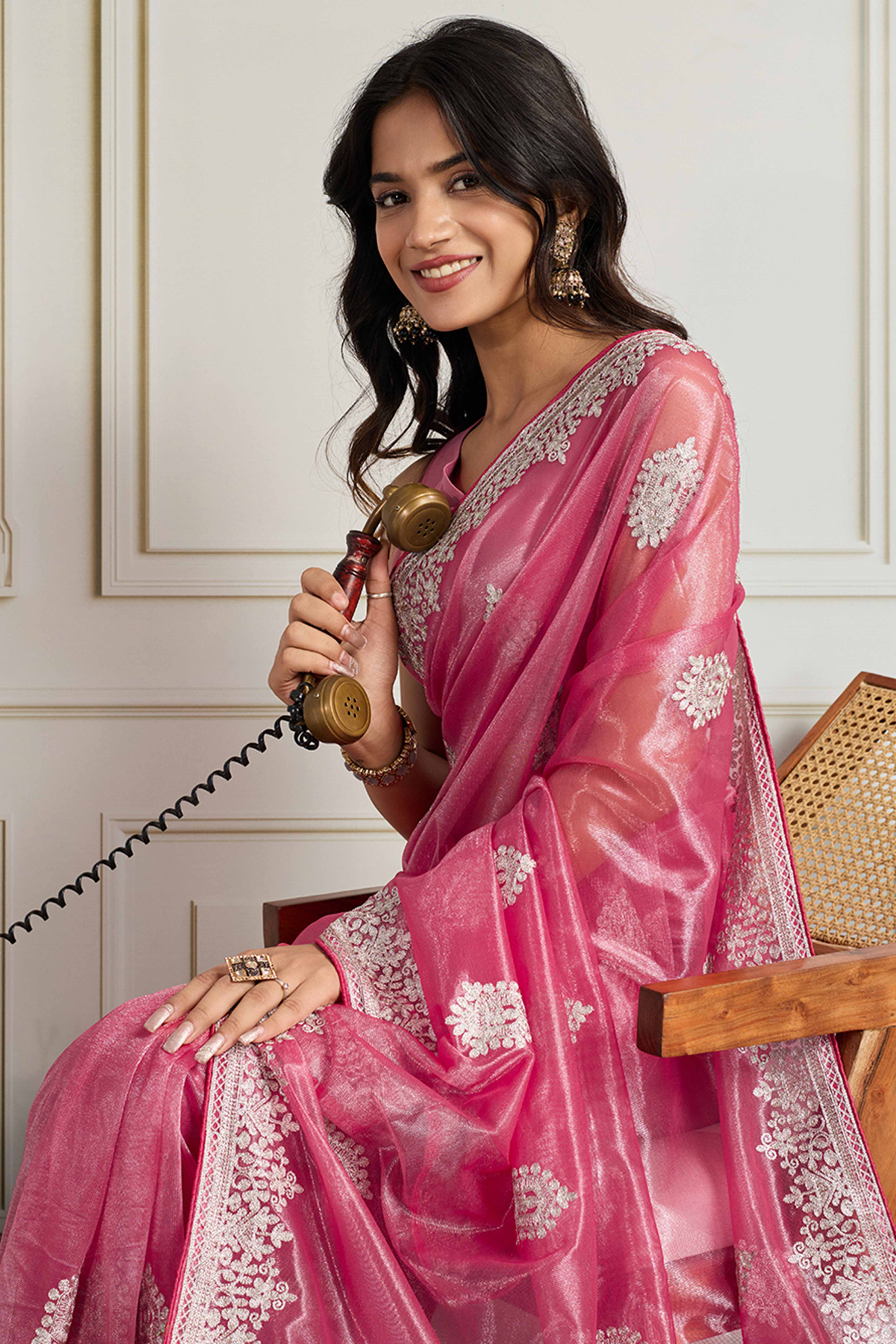 Elegant Pink Floral Cording Embroidered Twill Net Saree With Sequins Detailing
