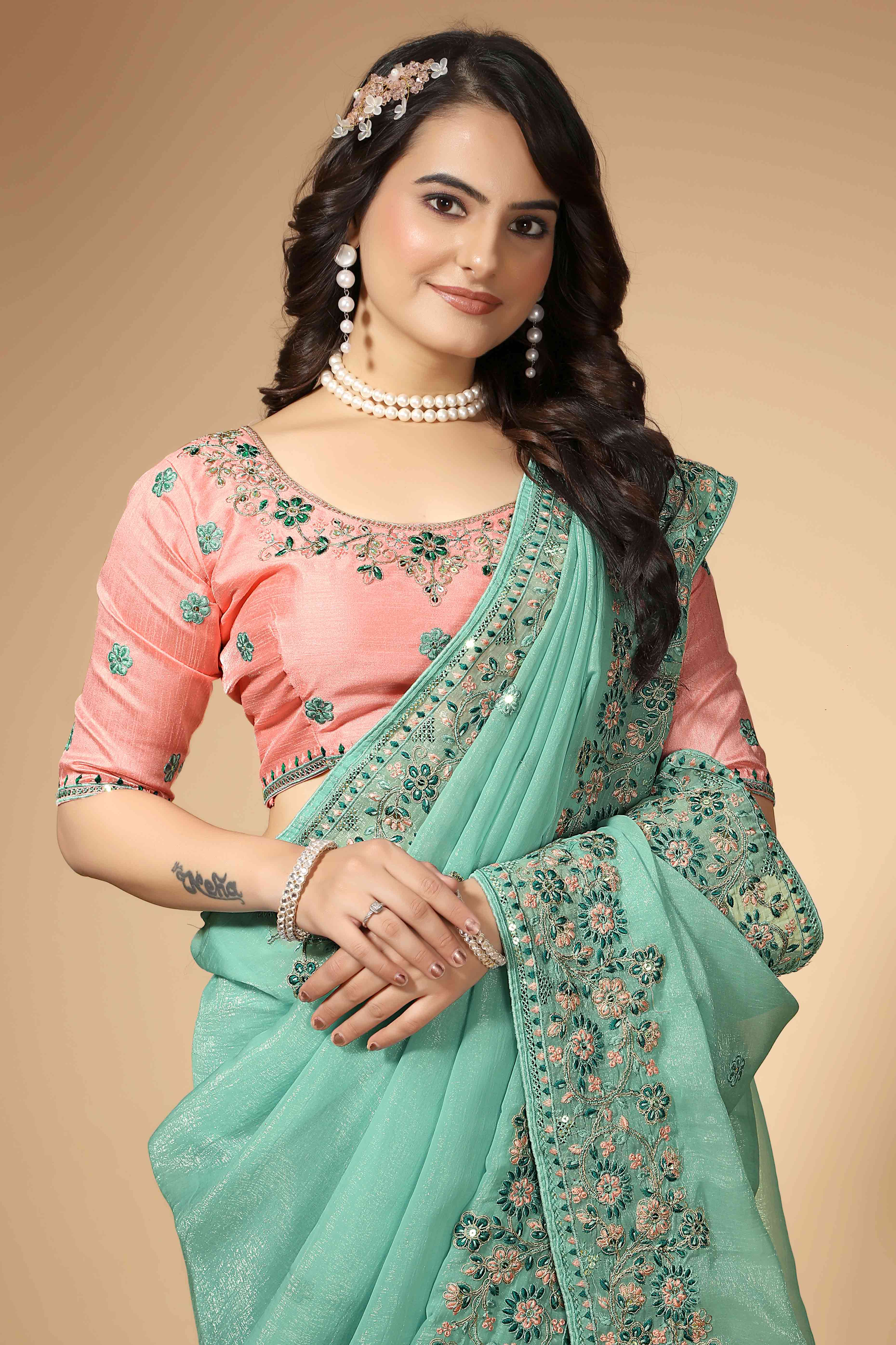 Turquoise Floral Sequins Embroidered Organza Silk Saree