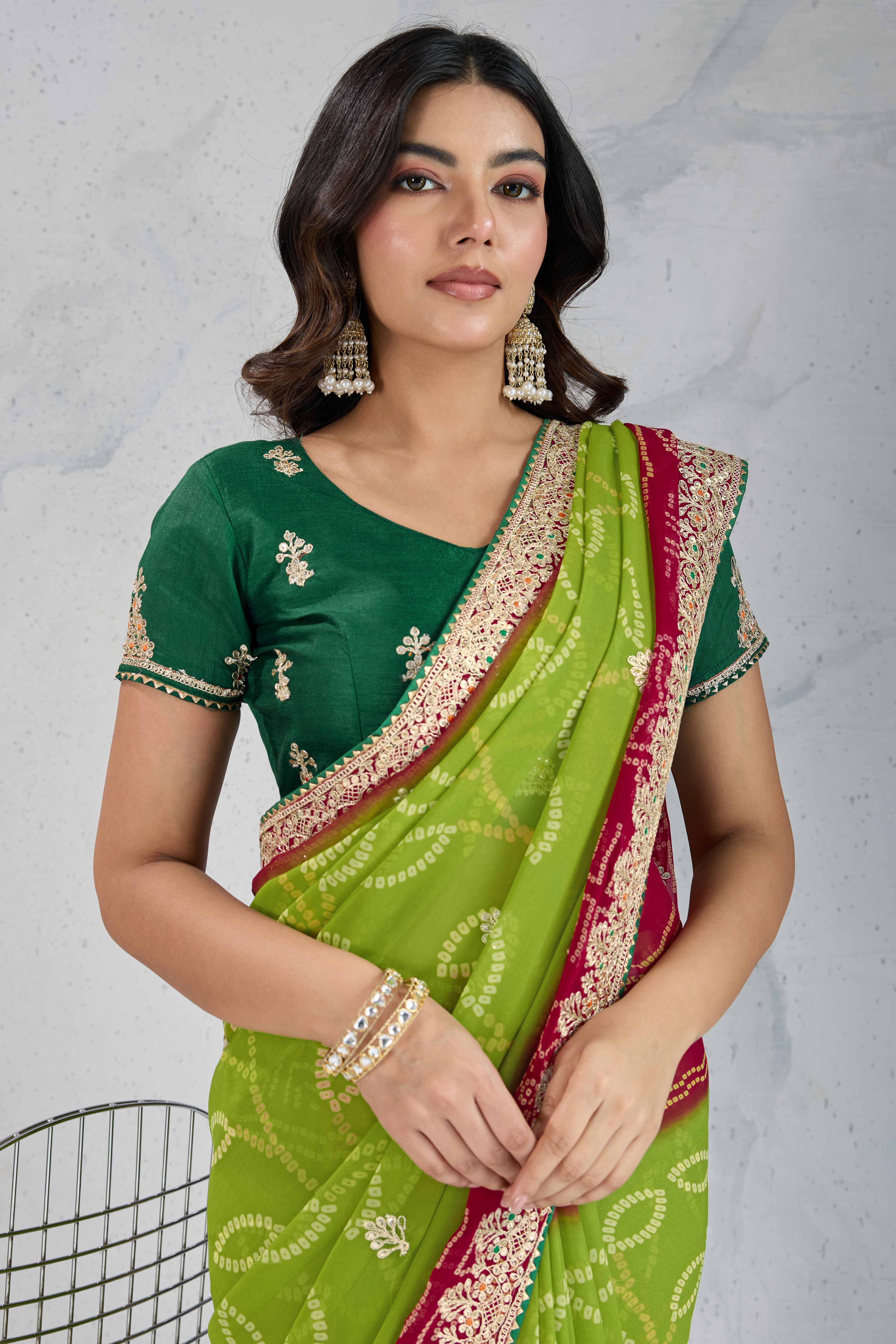 Traditional Bandhani Green Georgette Saree with Fine Embroidery