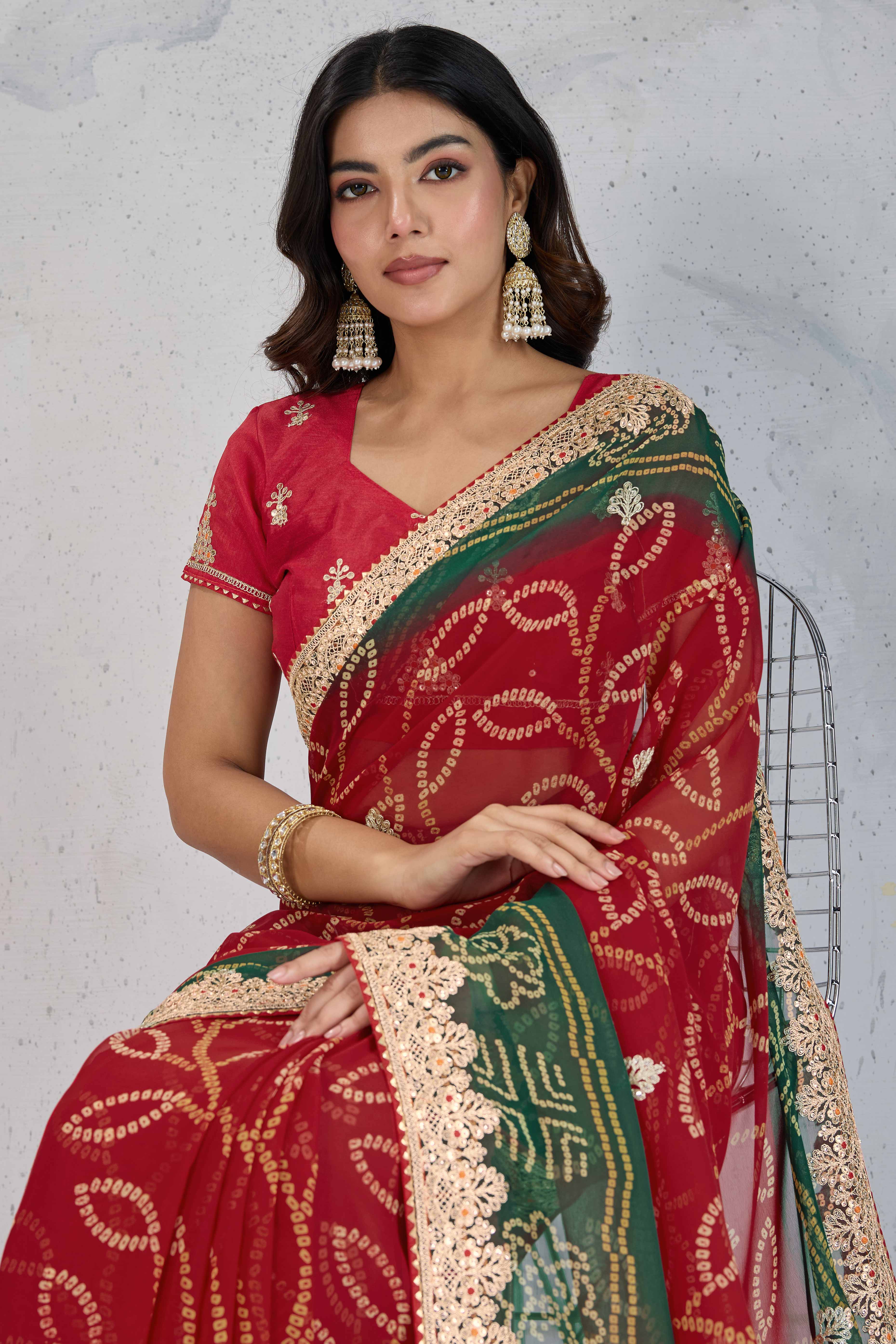 Traditional Bandhani Red Georgette Saree with Fine Embroidery