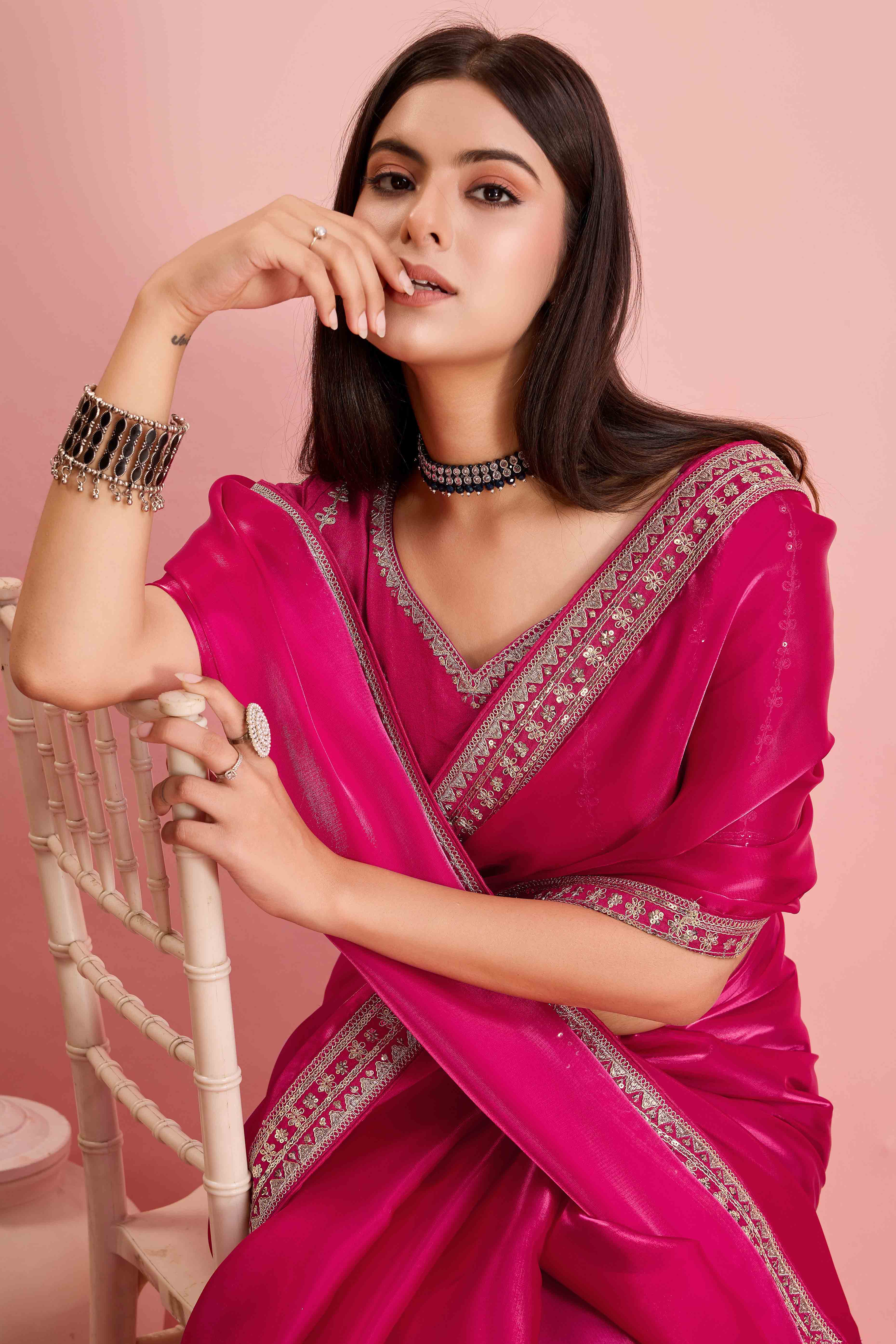 Rani Pink Solid With Floral Sequins Embroidered Jimmy Choo Tissue Saree