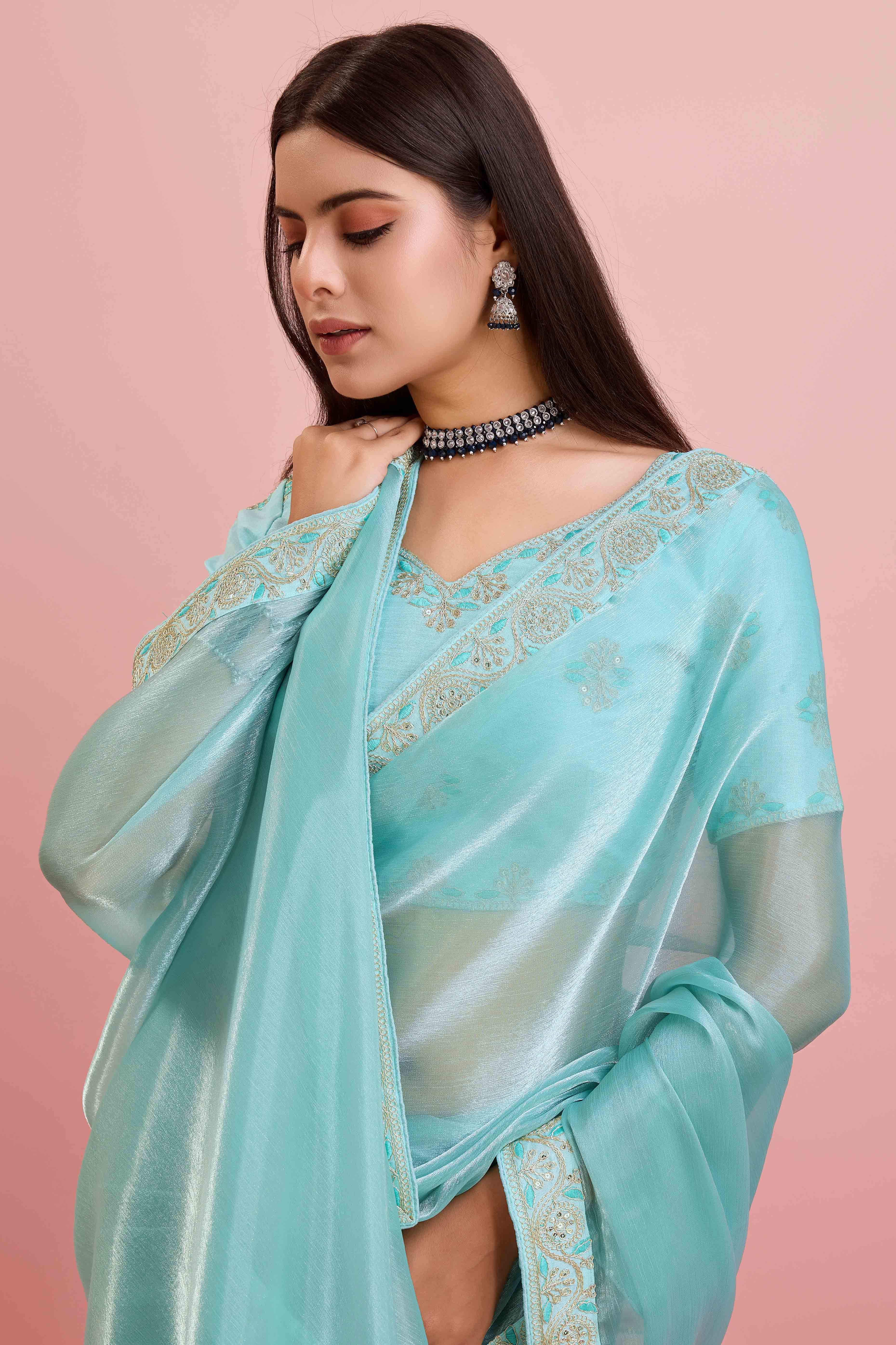 Blue Solid With Sequins Embroidery Border Mulberry Silk Saree