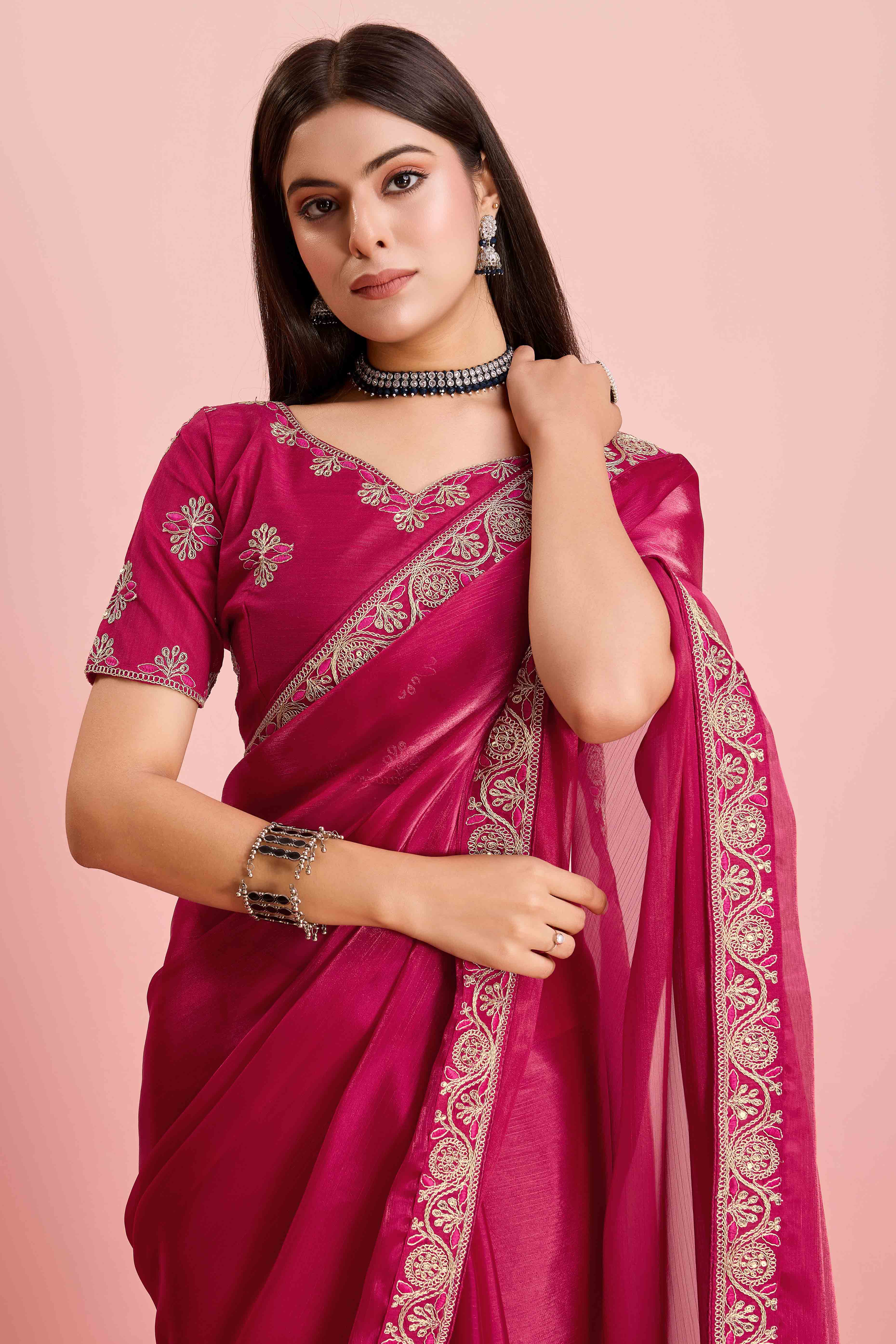 Rani Pink Solid With Sequins Embroidery Border Mulberry Silk Saree