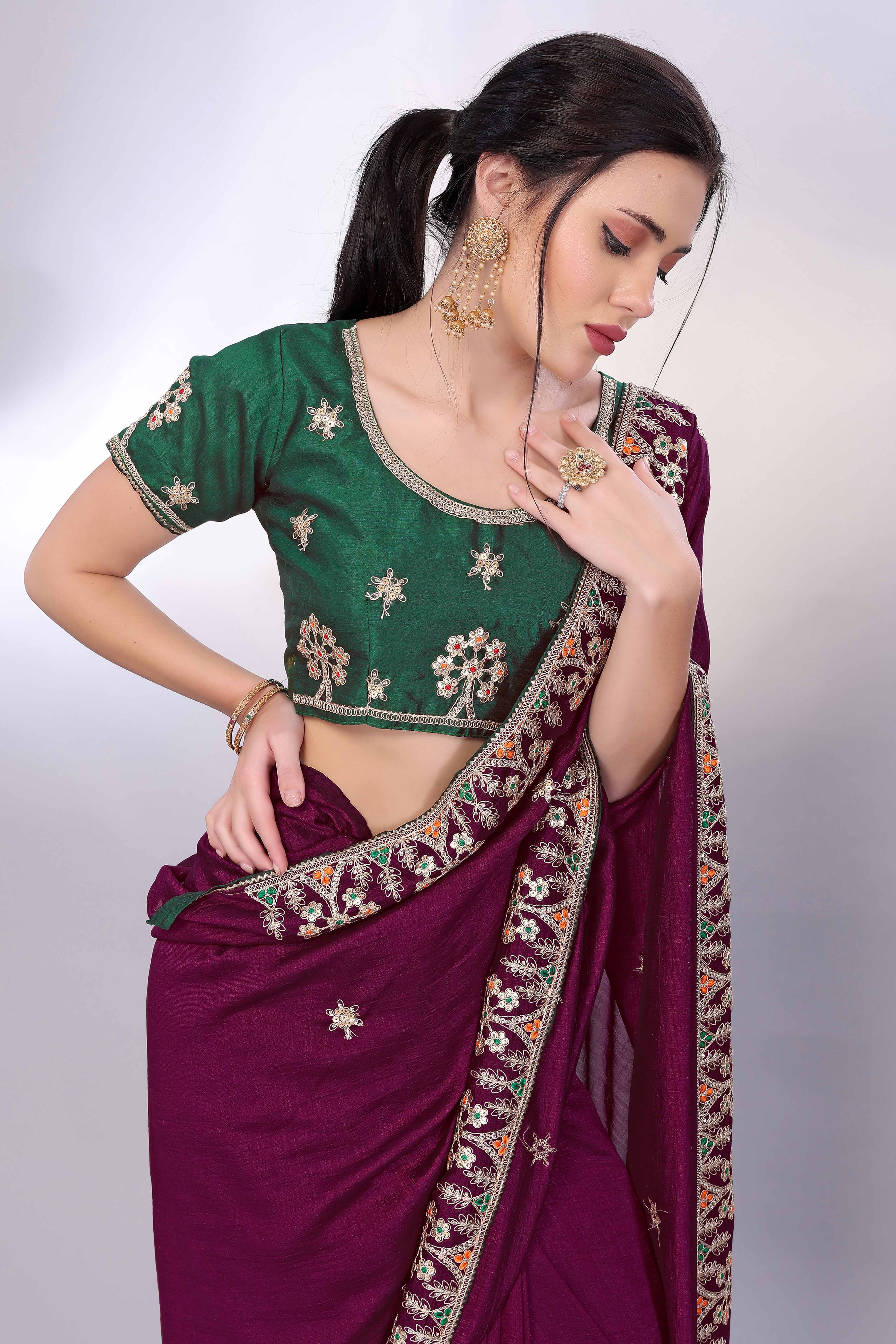 Wine Vichitra Silk Saree Embellished With Floral Cording Embroidery & Sparkling Sequins