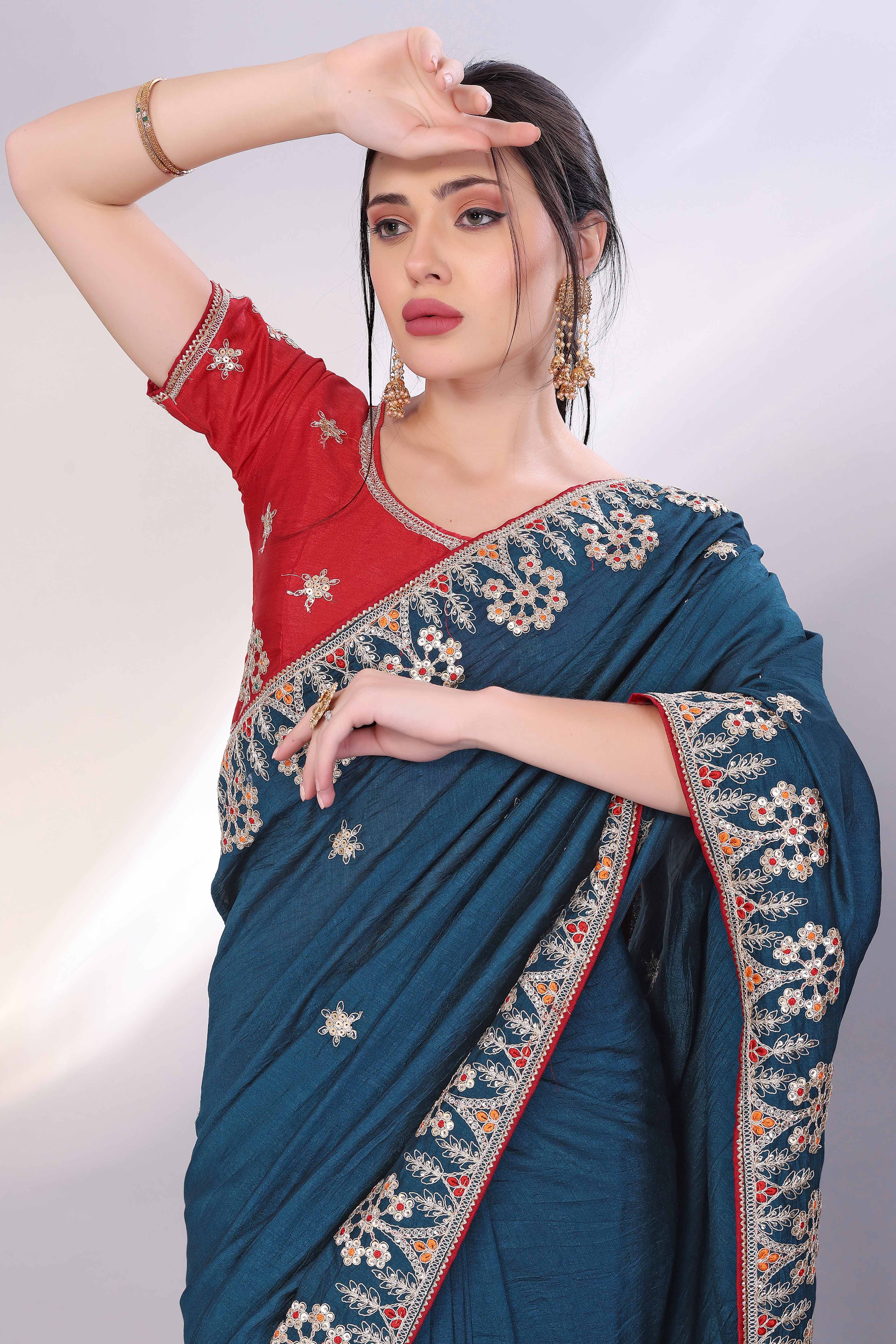 Morpich Blue Vichitra Silk Saree Embellished With Floral Cording Embroidery & Sparkling Sequins