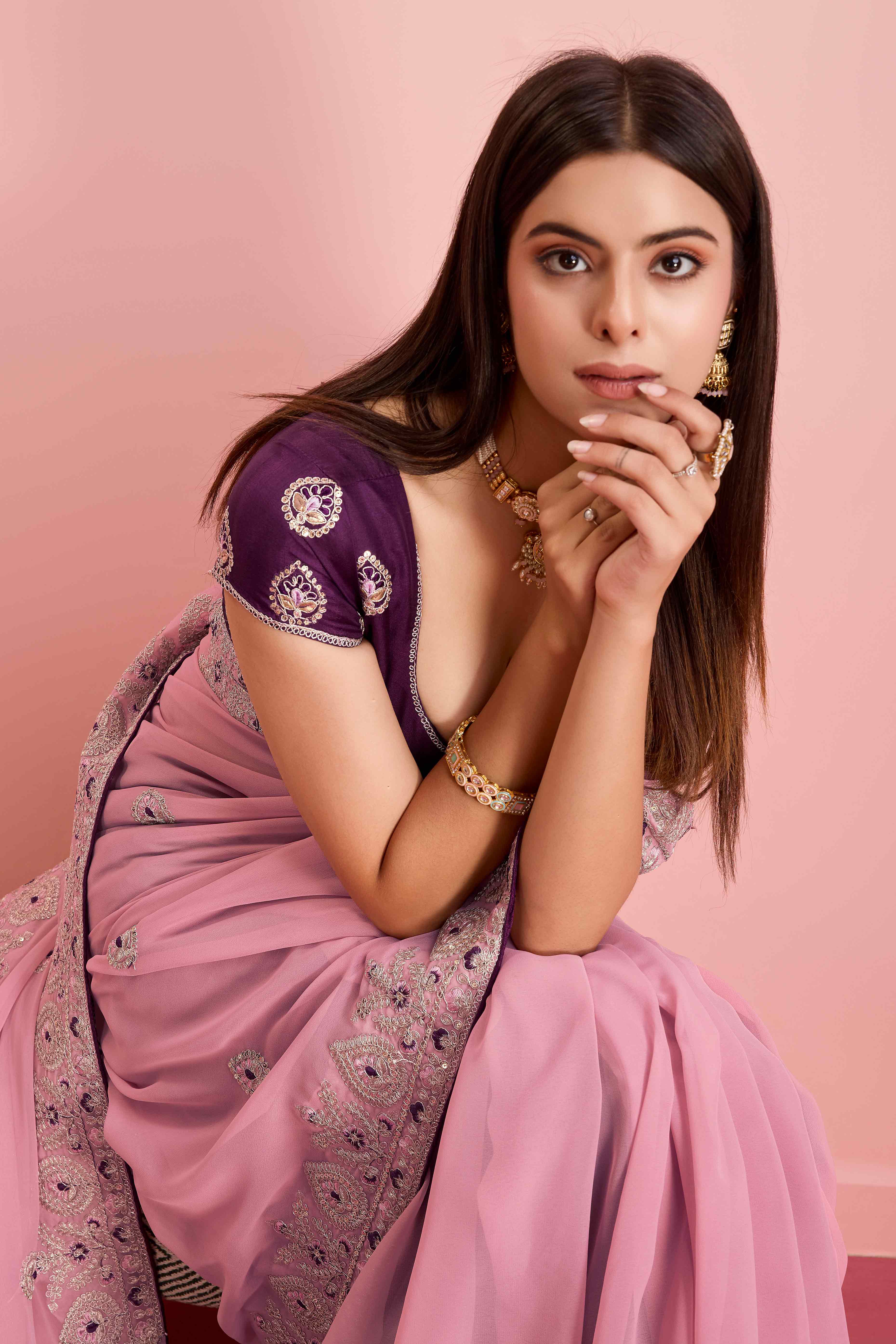 Pink Floral Sequins Embroidered Georgette Saree