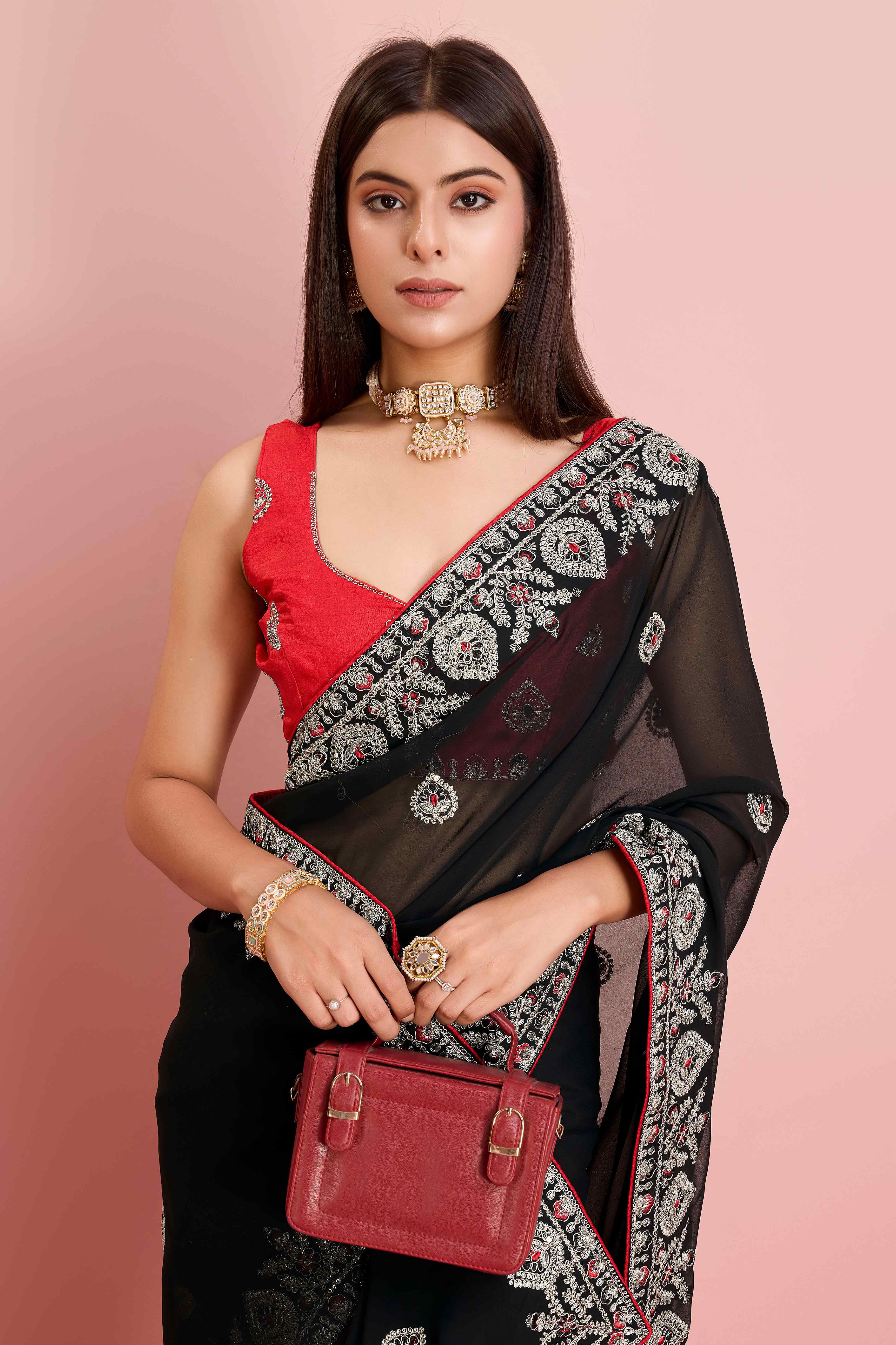 Black Floral Sequins Embroidered Georgette Saree