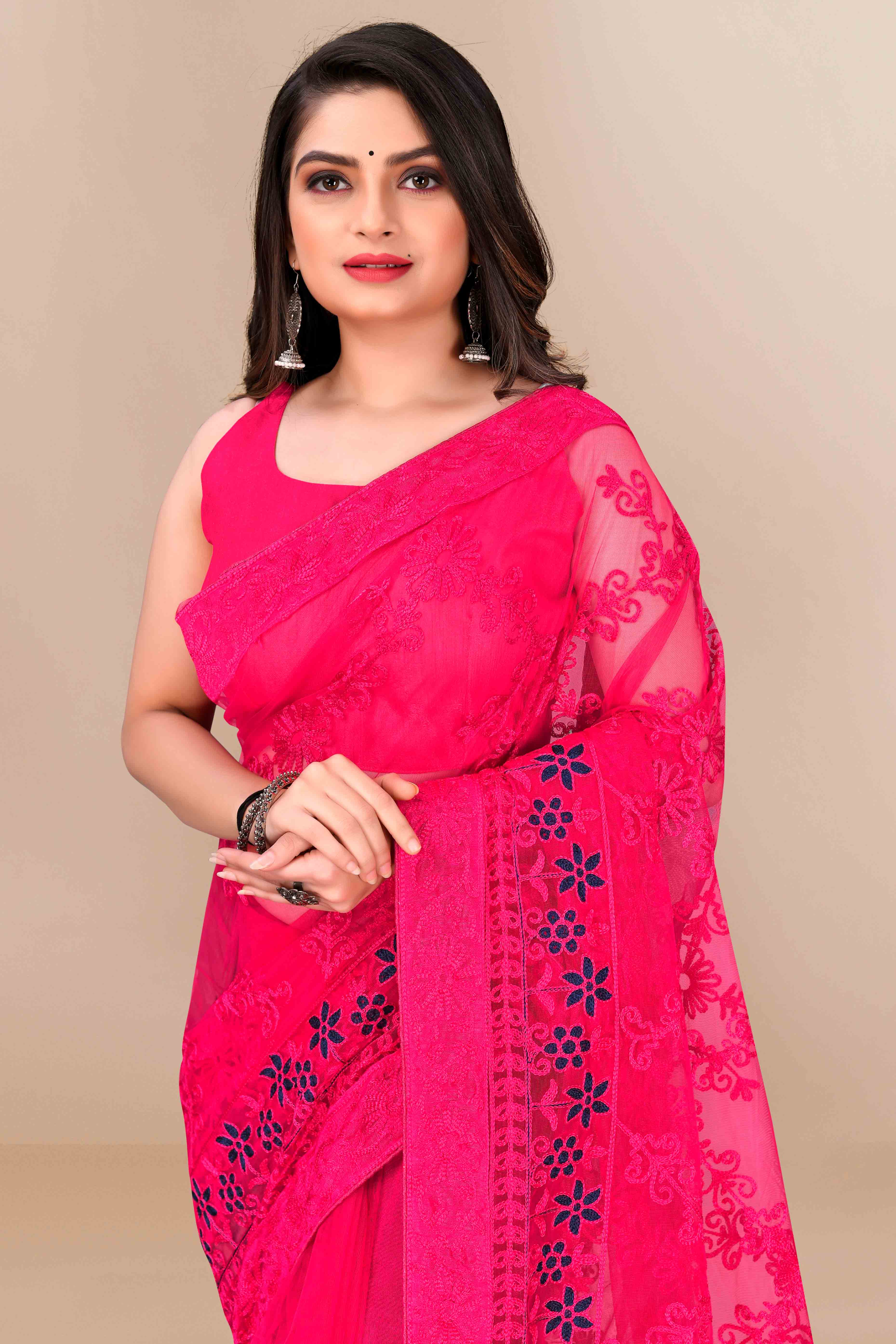 Dark Pink Party Wear Net Saree Featuring Rich Floral Embroidery