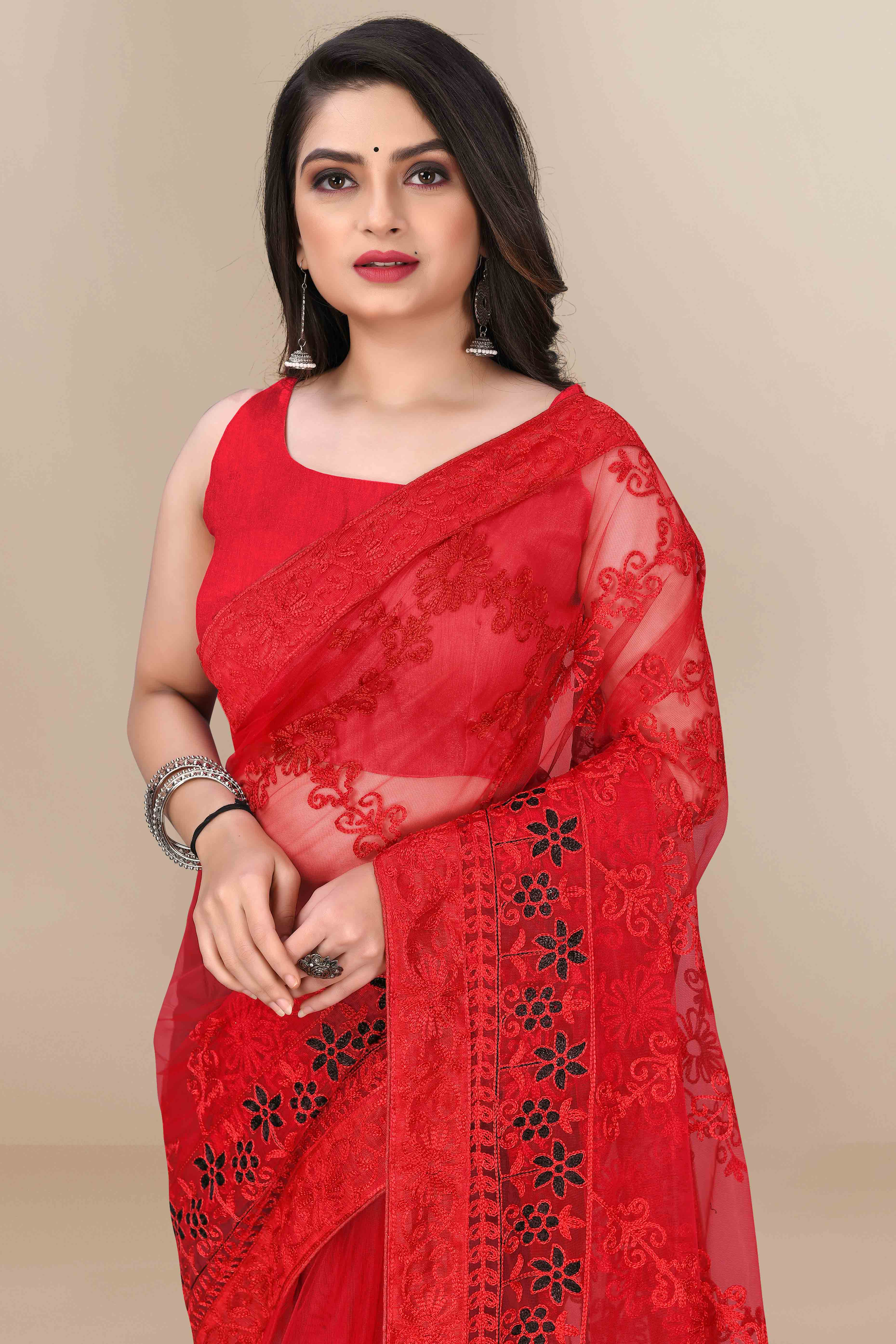 Red Party Wear Net Saree Featuring Rich Floral Embroidery