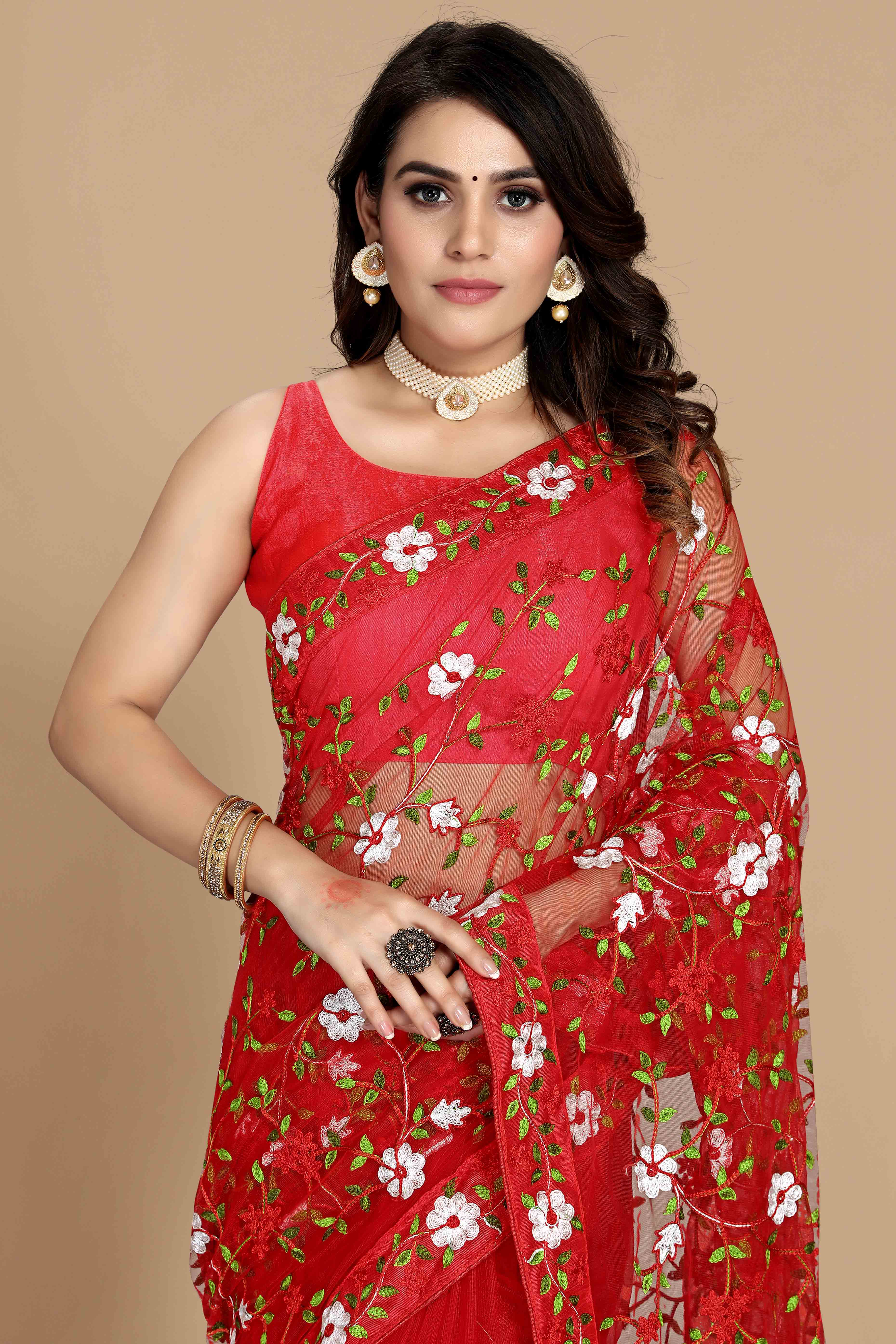 Red Net Saree with All Over Floral Heavy Embroidery