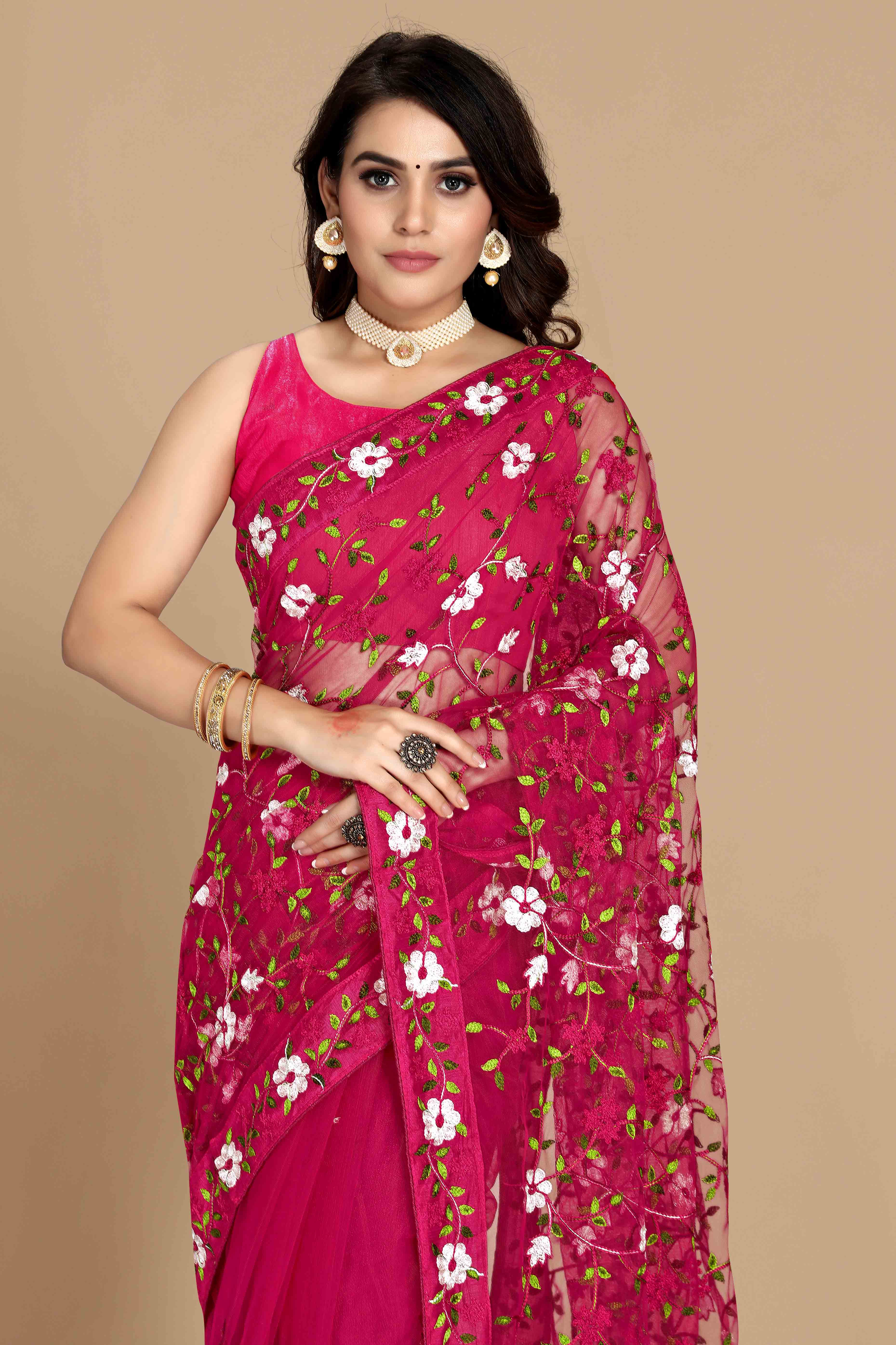 Dark Pink Net Saree with All Over Floral Heavy Embroidery