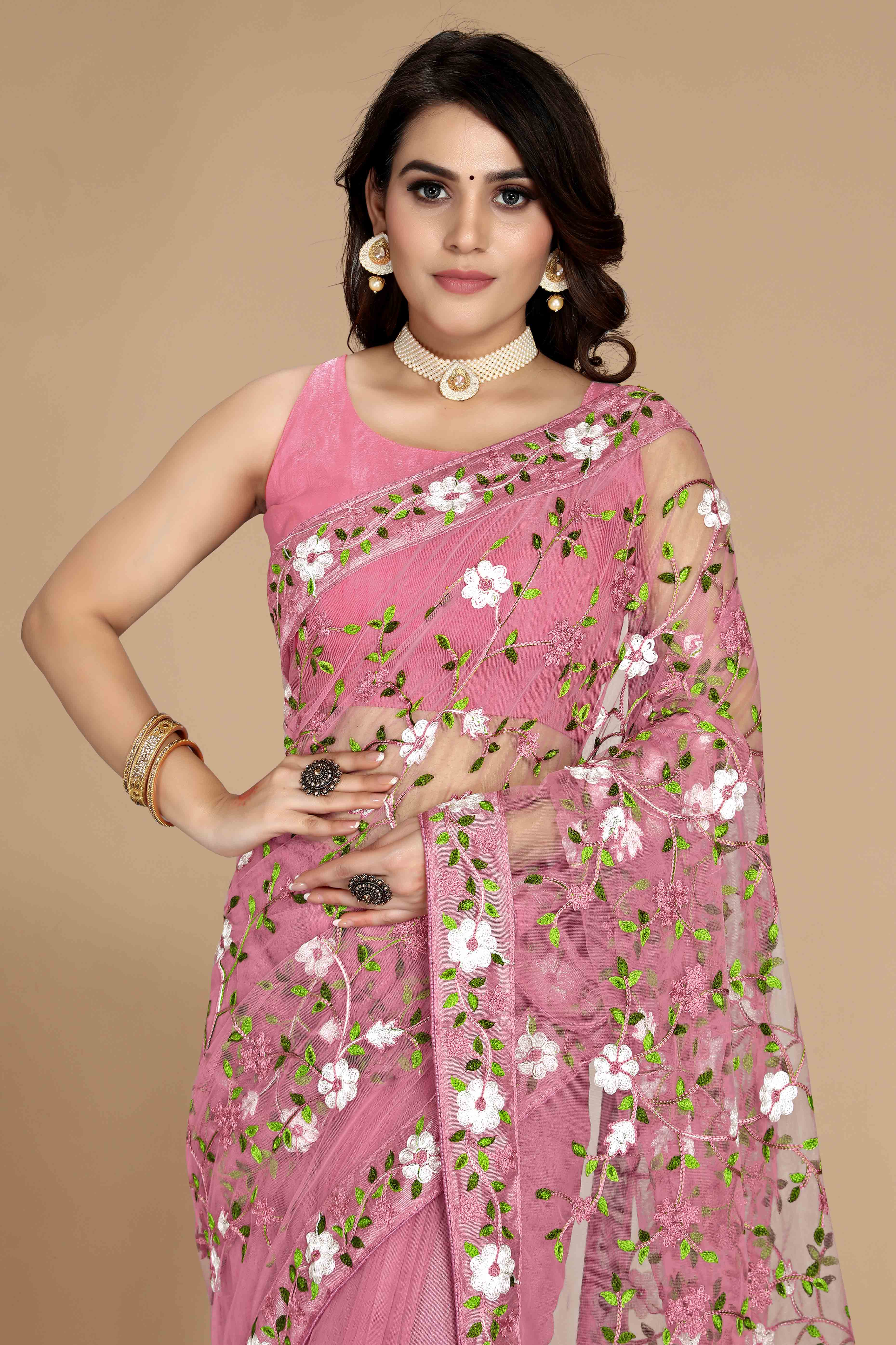 Pink Net Saree with All Over Floral Heavy Embroidery