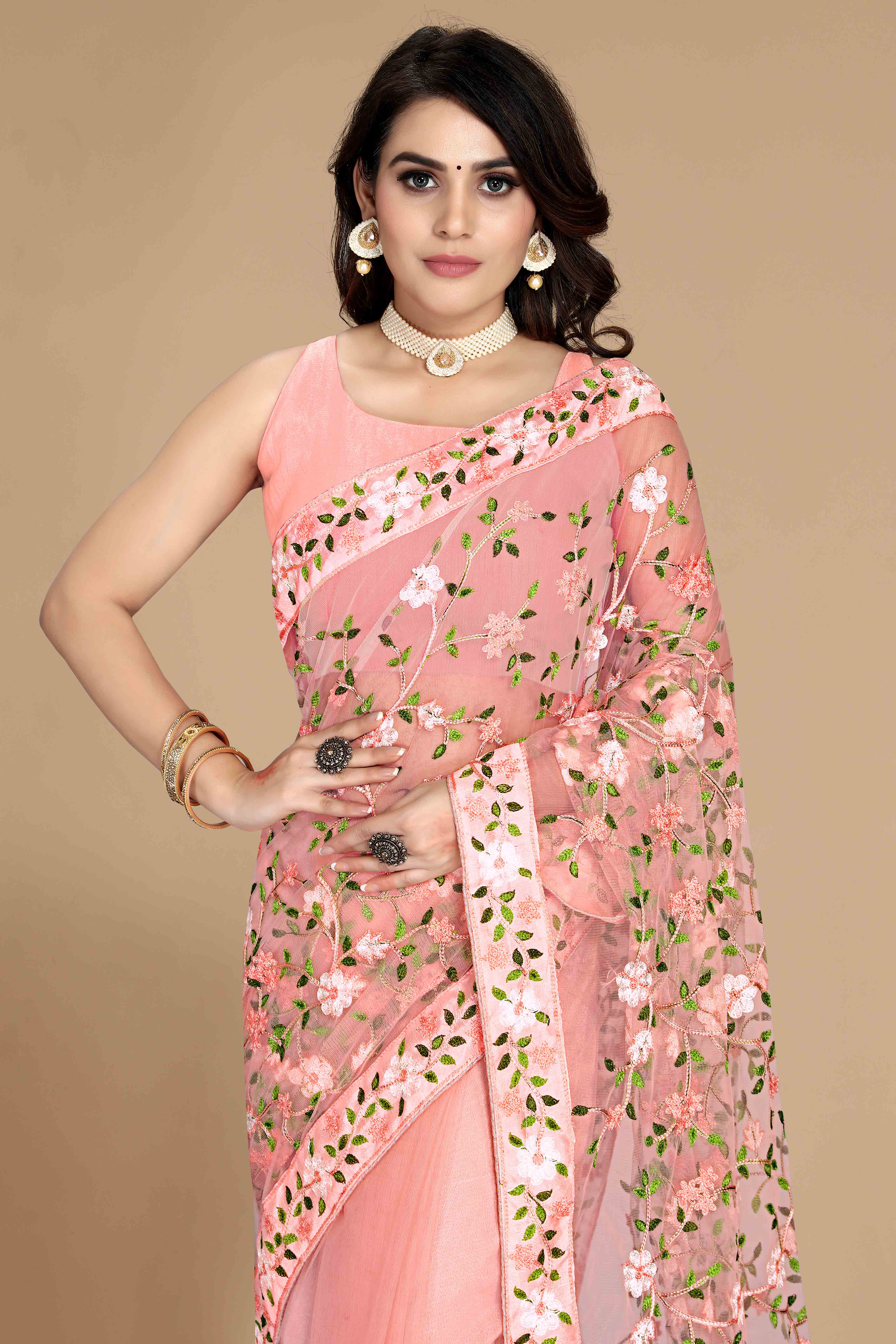 Peach Net Saree with All Over Floral Heavy Embroidery