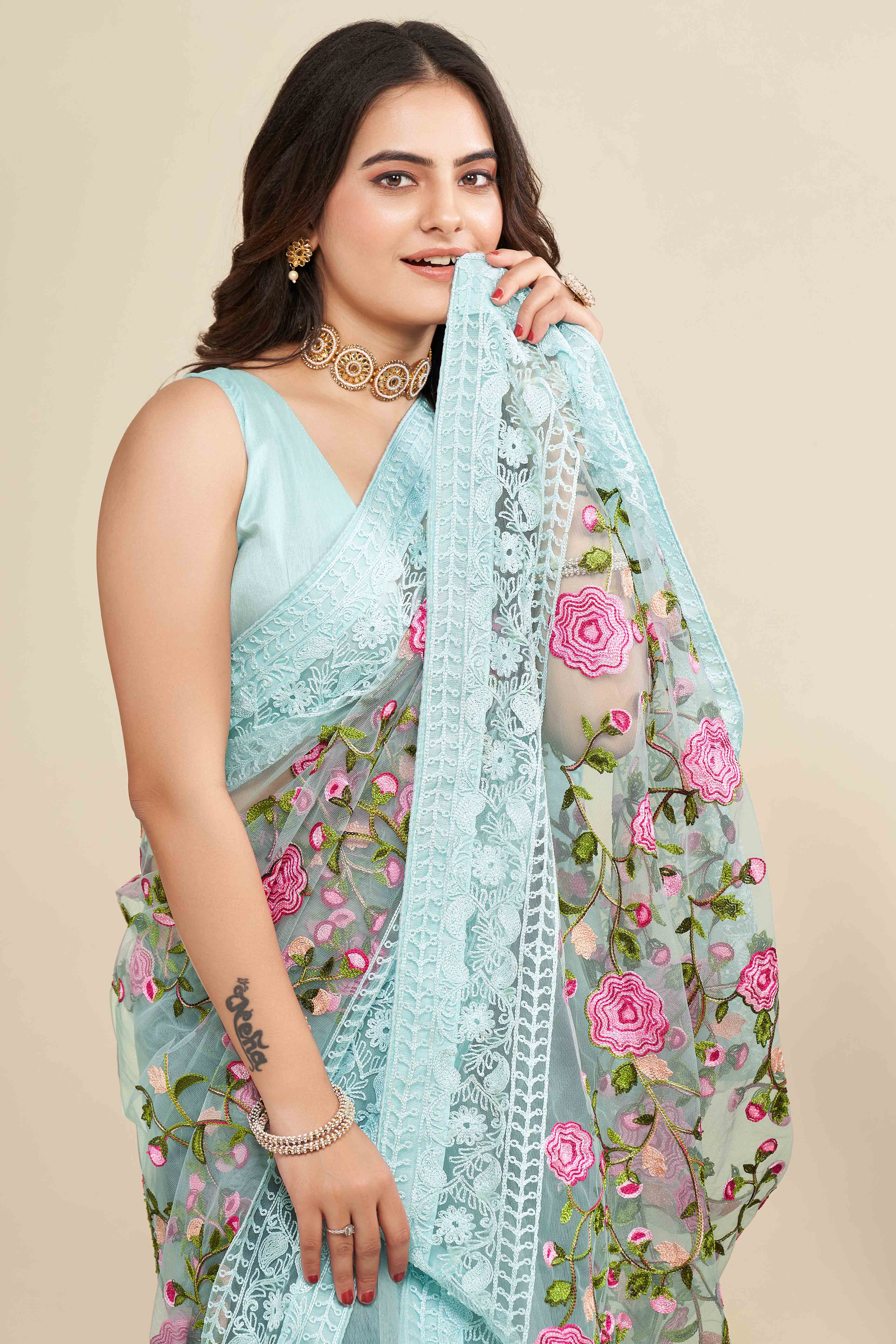 Sky Blue Floral Embroidered Party Wear Saree in Net Fabric with Lavish Detailing