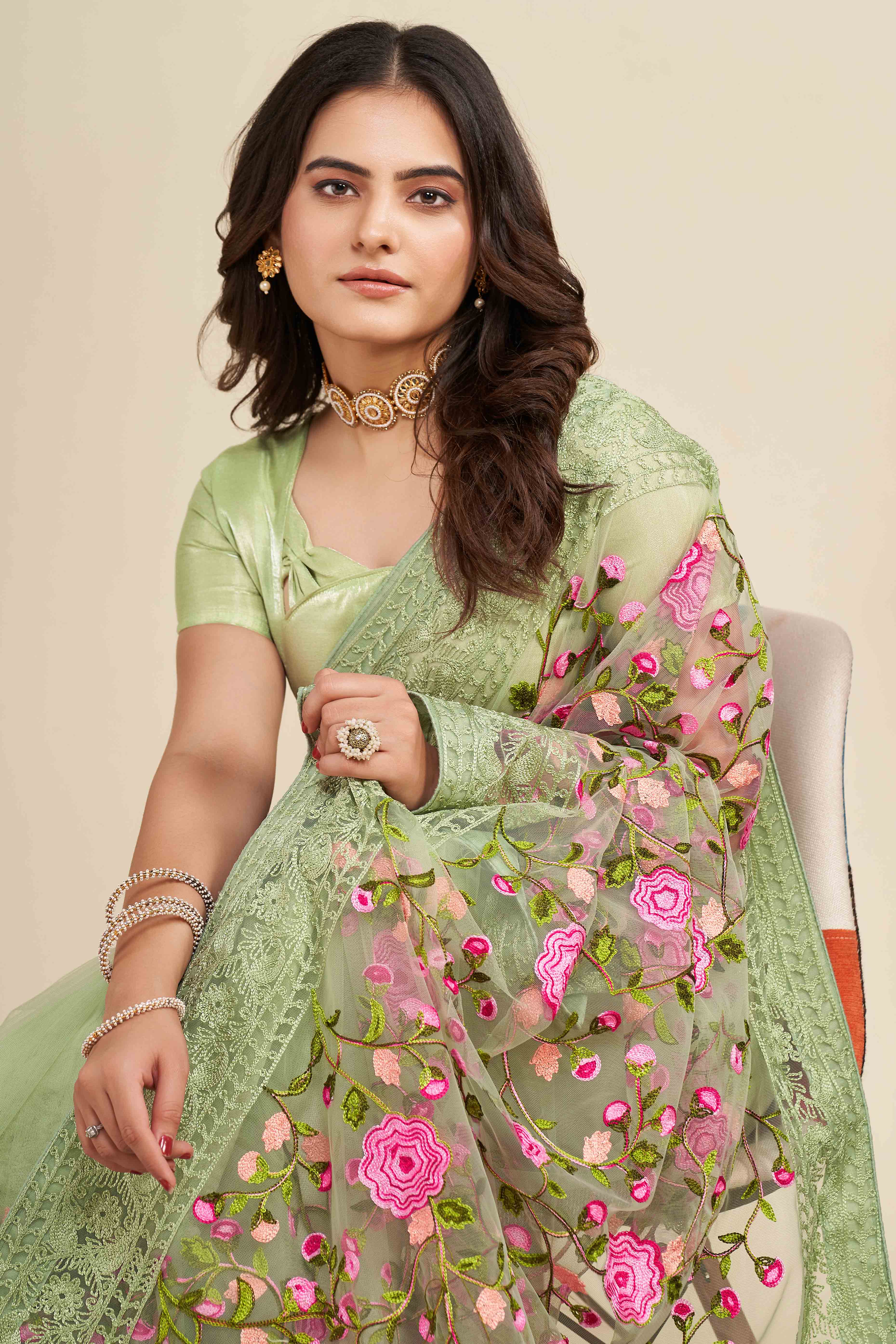 Pista Green Floral Embroidered Party Wear Saree in Net Fabric with Lavish Detailing