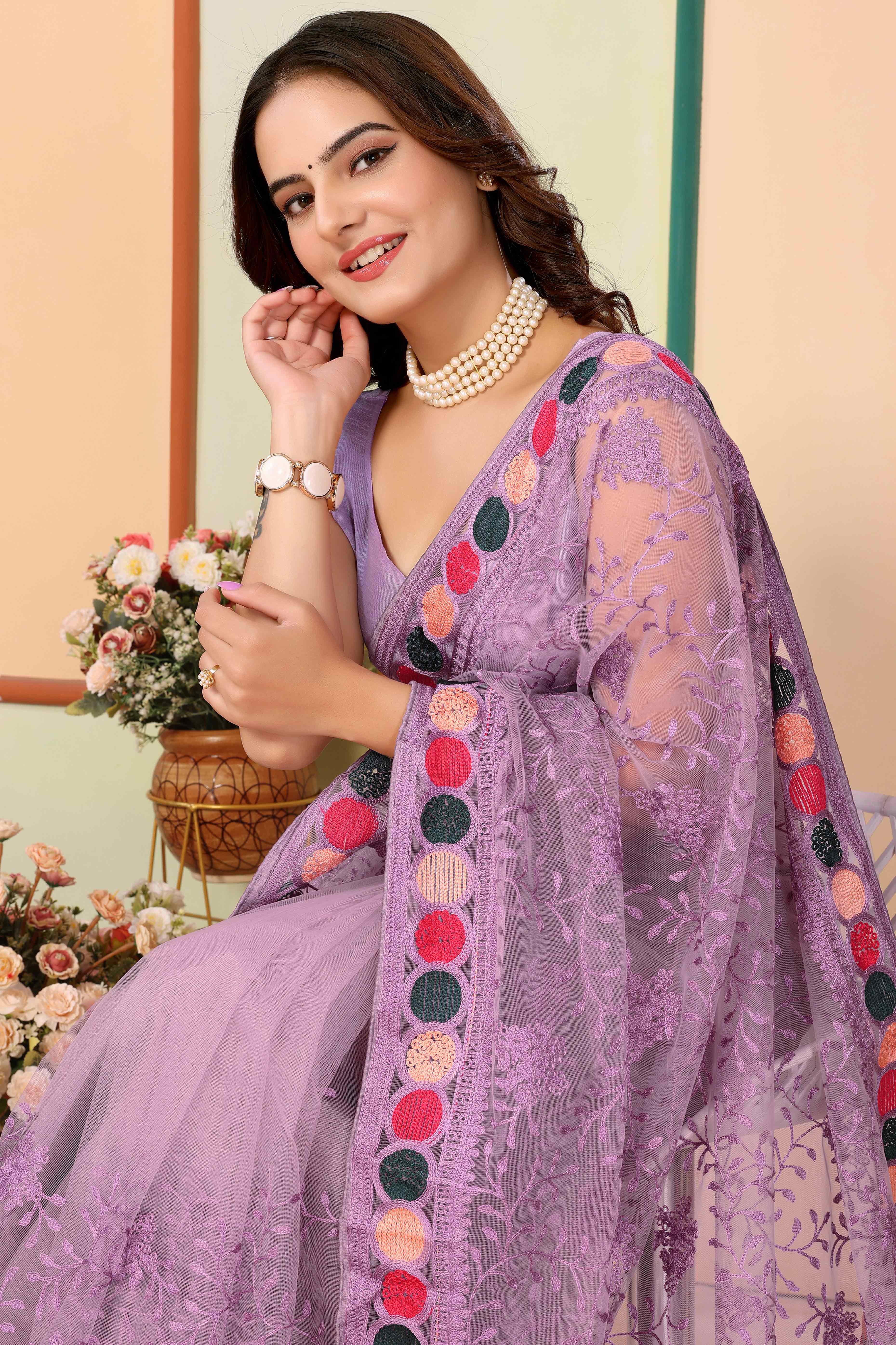 Purple Floral Embroidered Net Saree