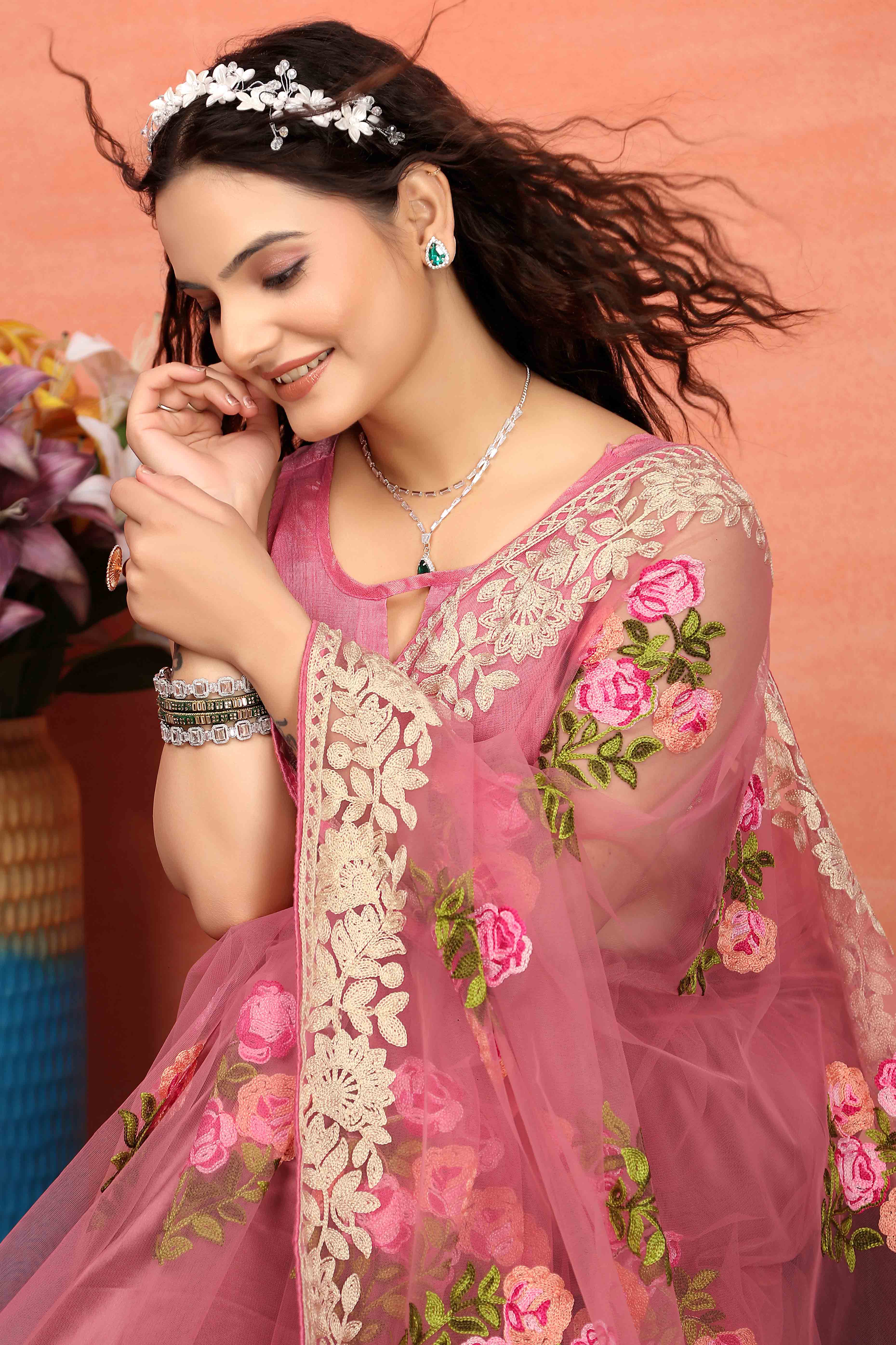 Onion Pink Floral Embroidered Net Saree