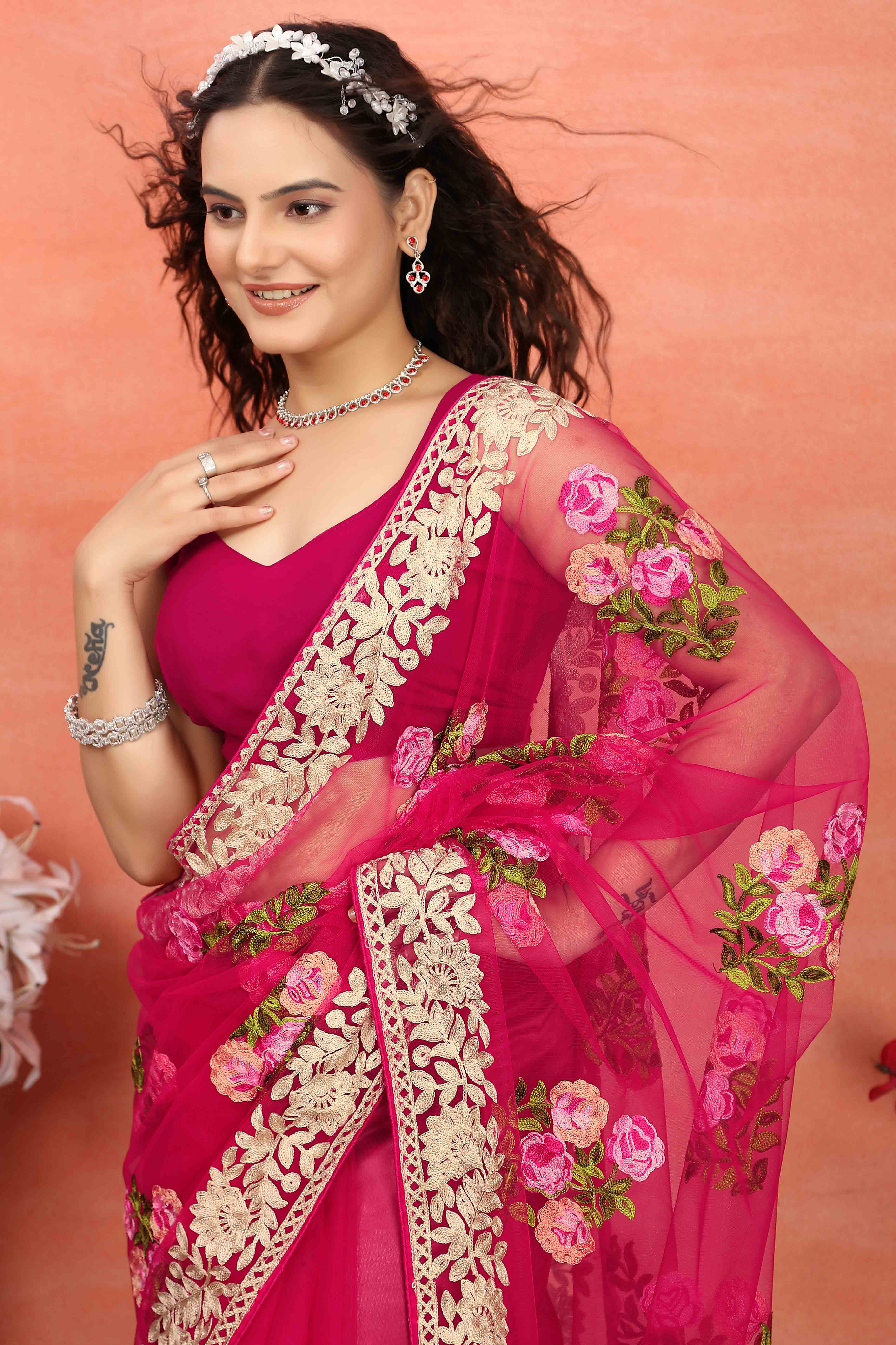 Rani Pink Floral Embroidered Net Saree