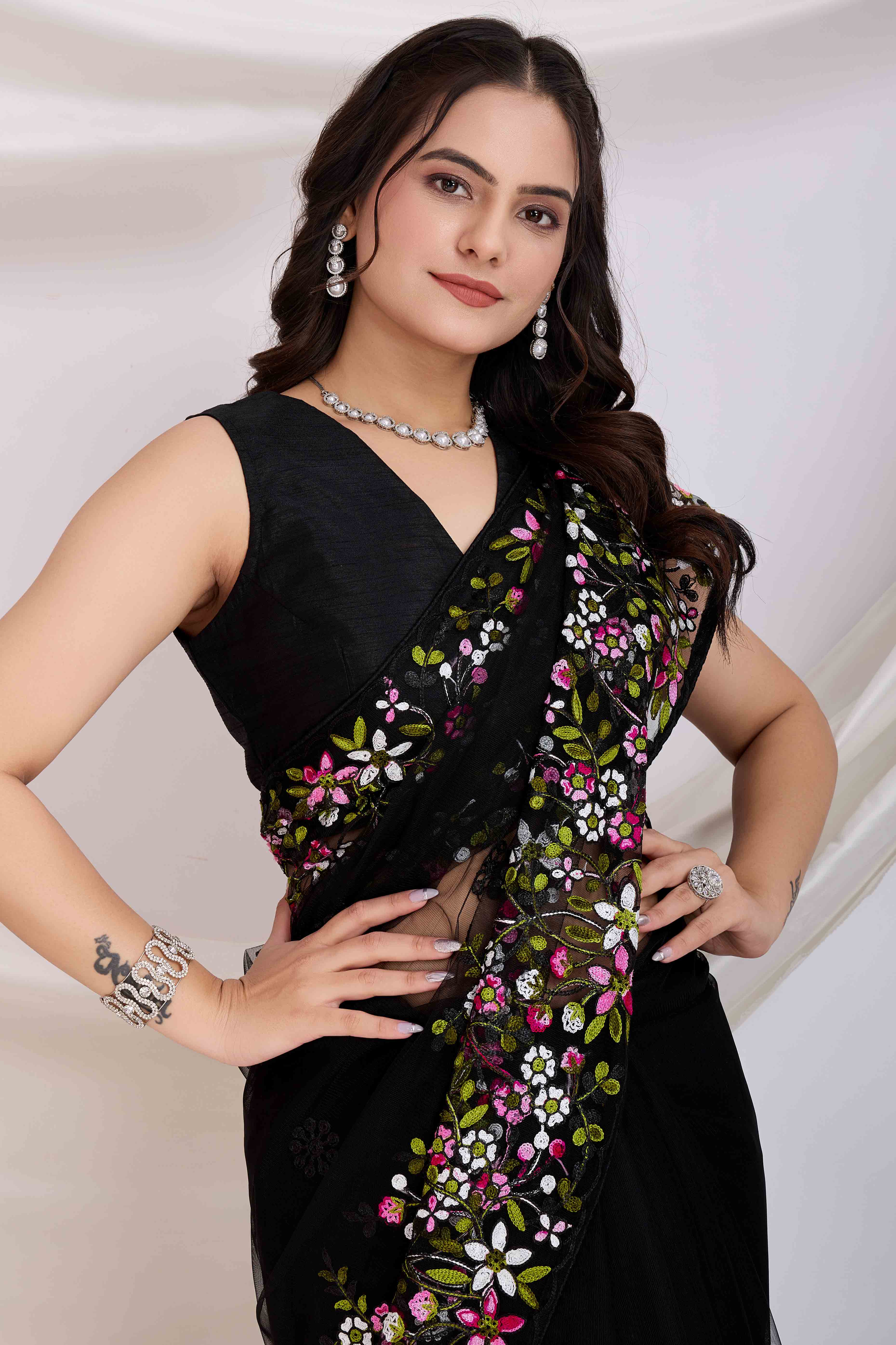 Black Floral Embroidered Net Saree