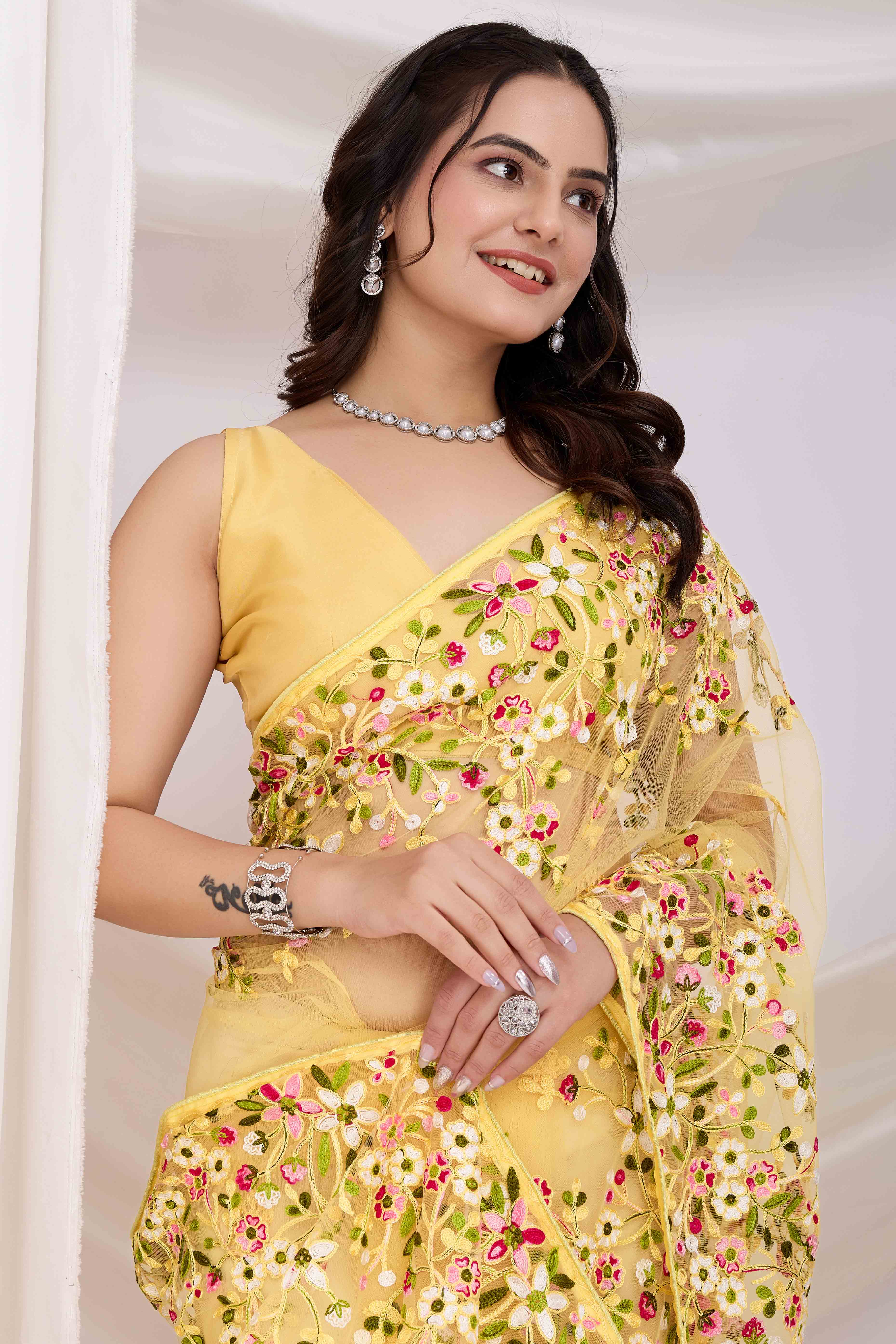 Yellow Floral Embroidered Net Saree