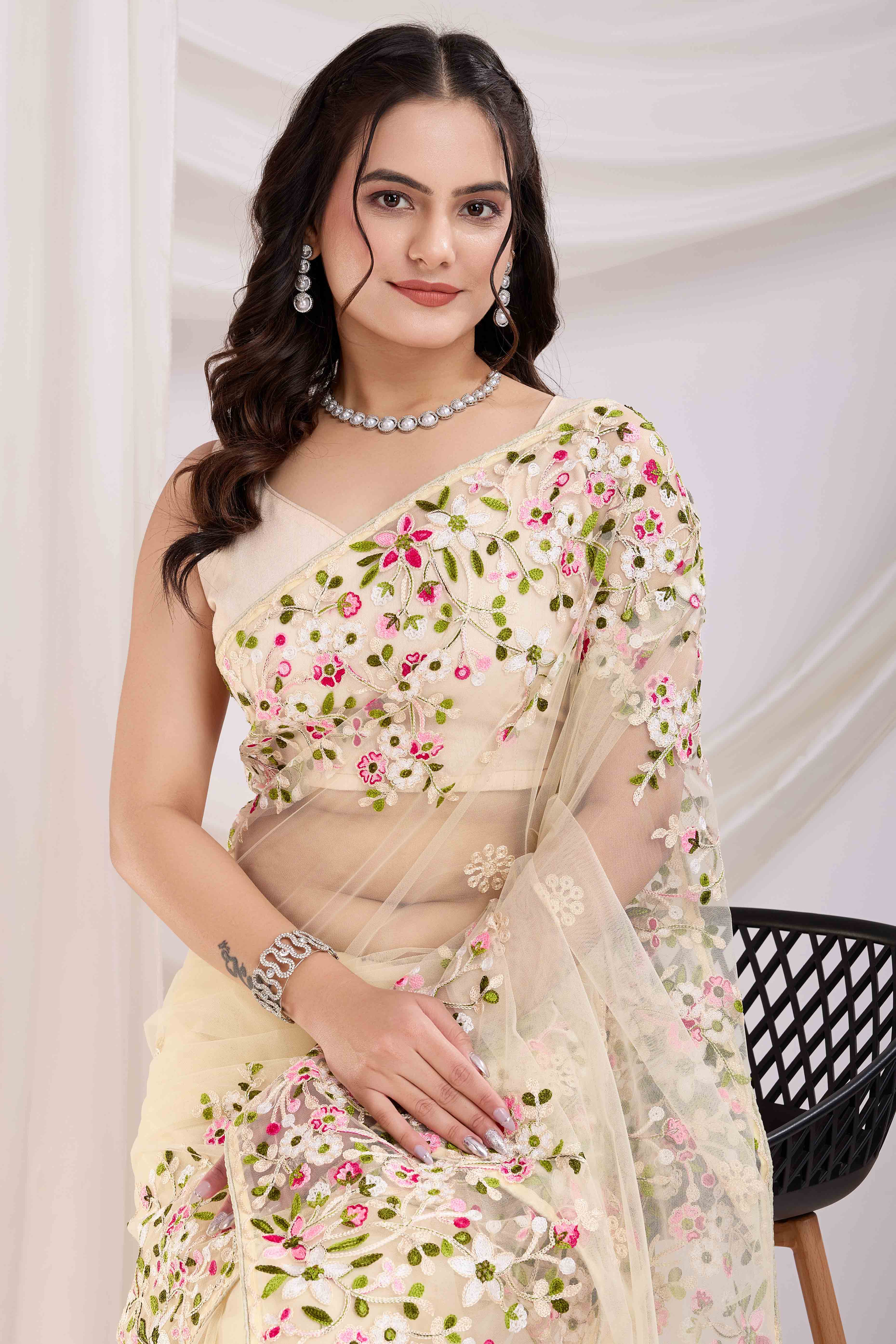 Cream Floral Embroidered Net Saree