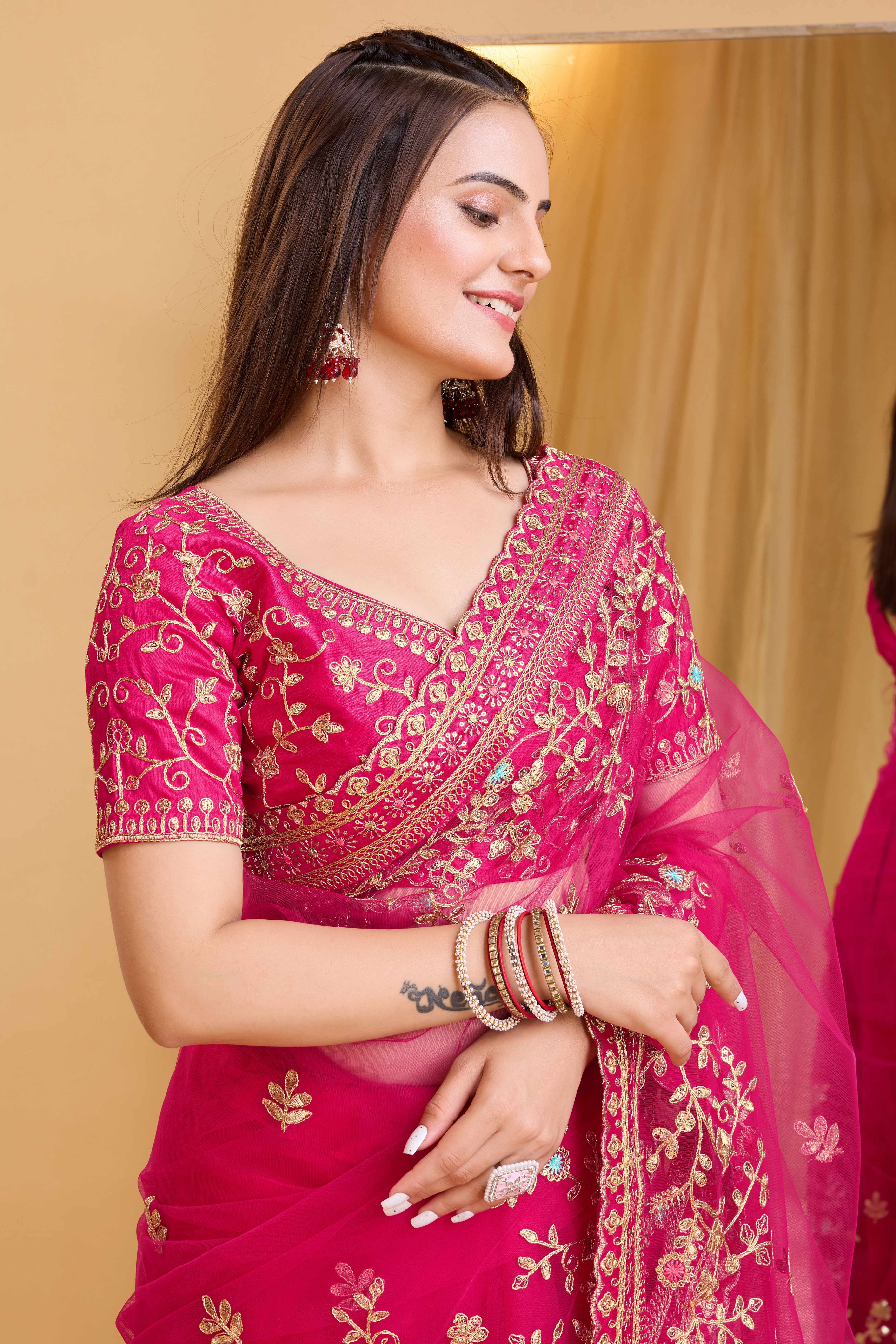 Rani Pink Soft Net Saree With Delicate Floral Embroidery & Shimmering Sequins Work