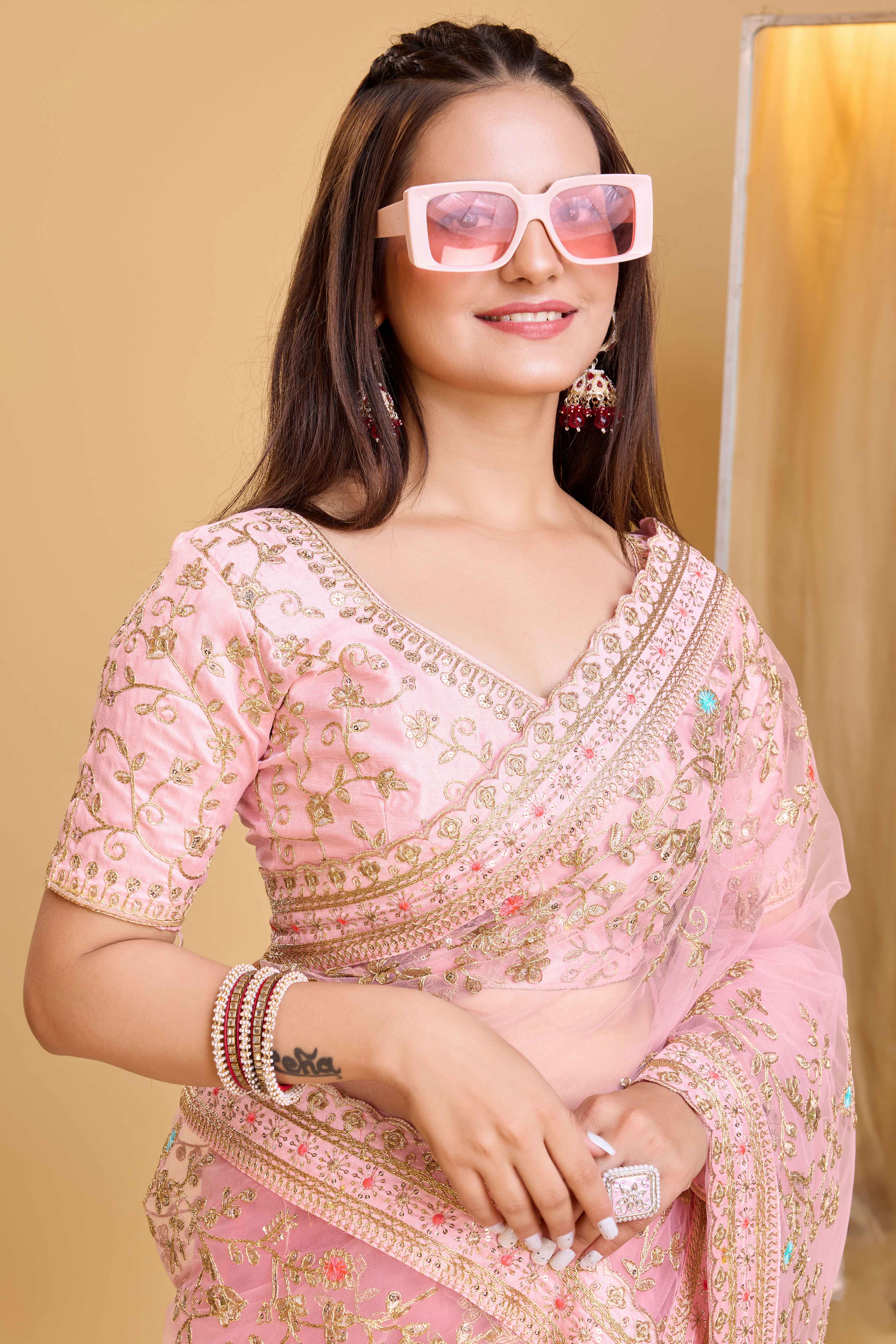 Baby Pink Soft Net Saree With Delicate Floral Embroidery & Shimmering Sequins Work