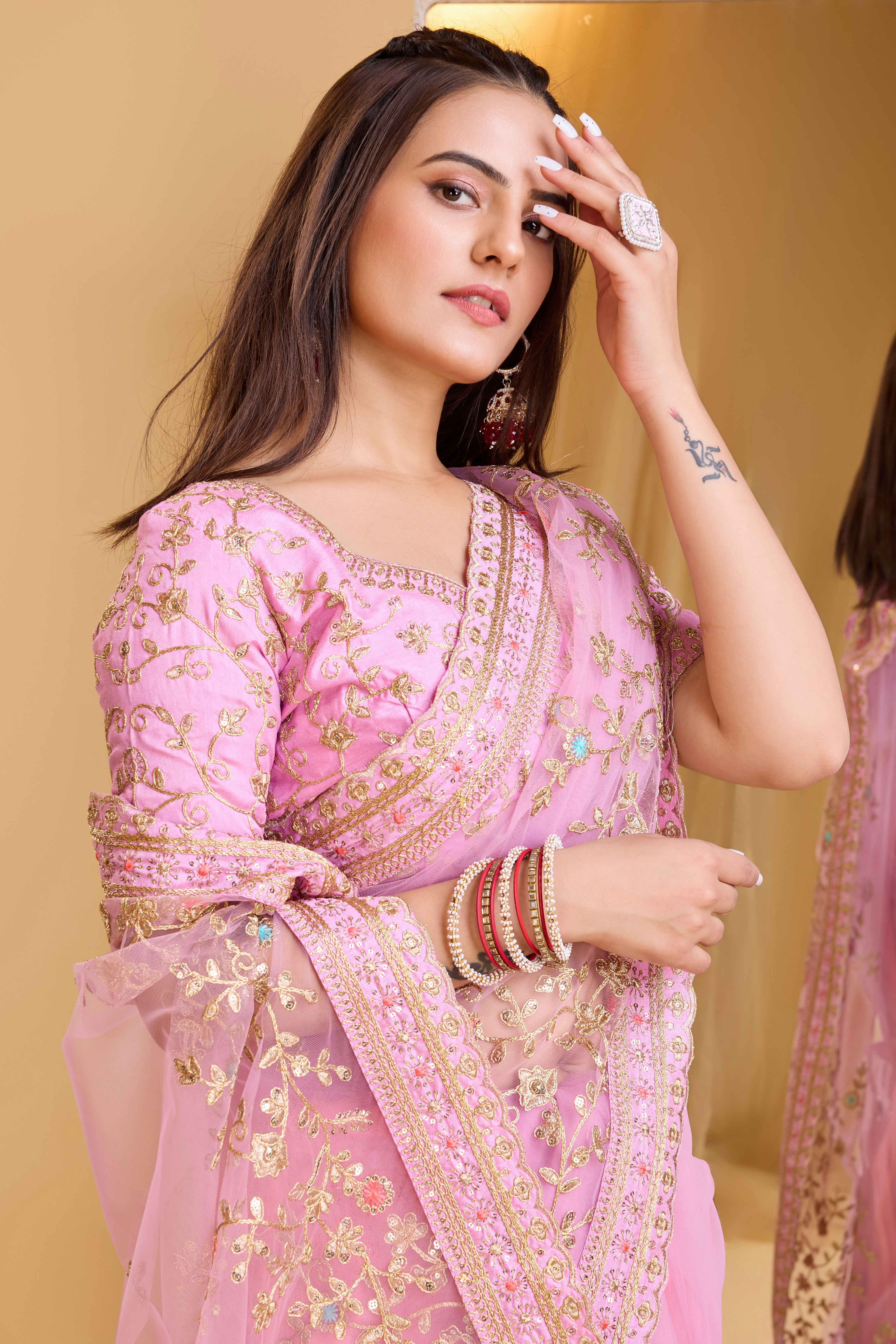 Pink Soft Net Saree With Delicate Floral Embroidery & Shimmering Sequins Work
