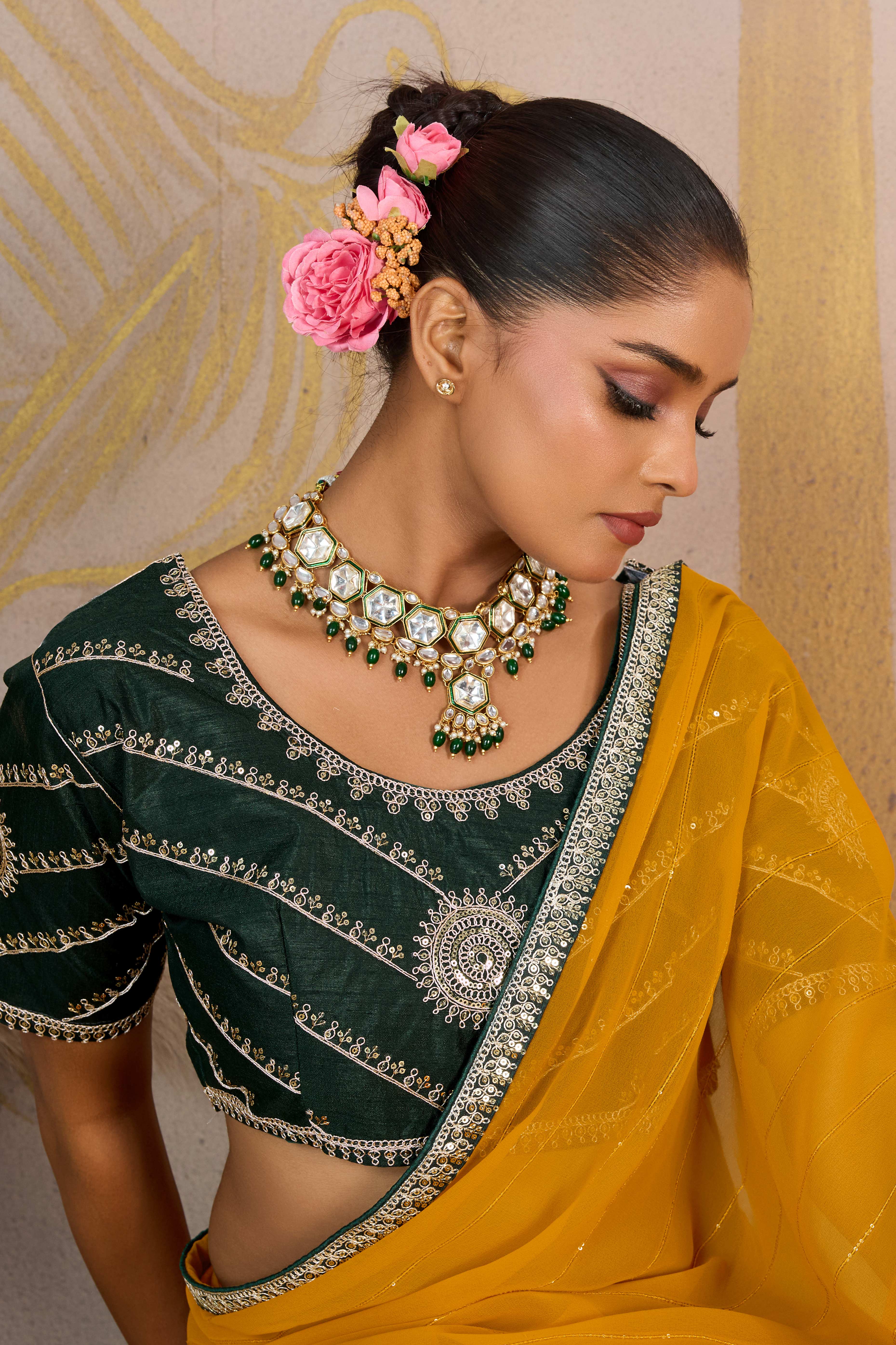 Mustard Zari Embroidered Georgette Saree Accented With Sequins