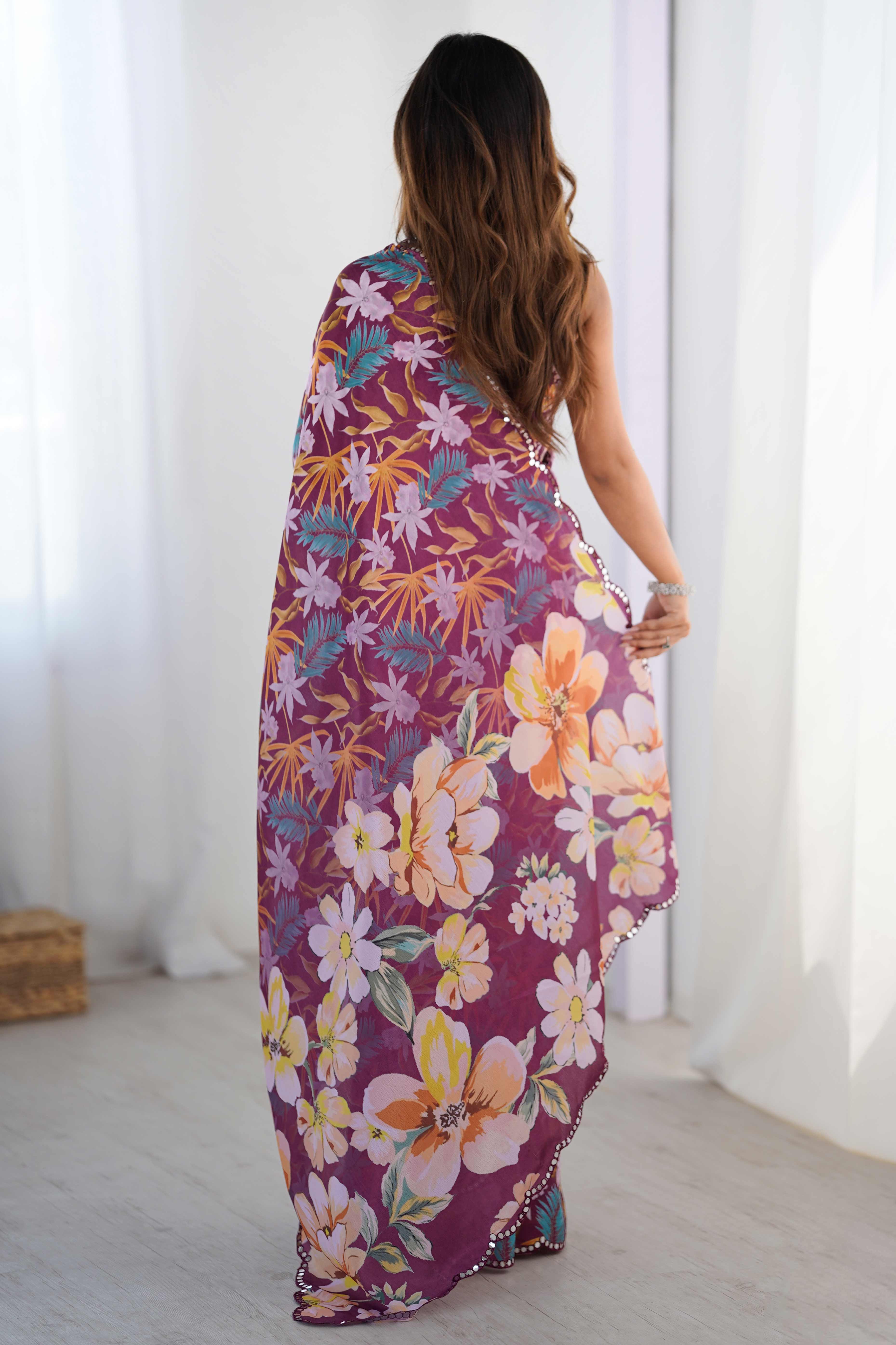 Purple Floral Printed Chinon Saree with Shimmering Mirror Detailing