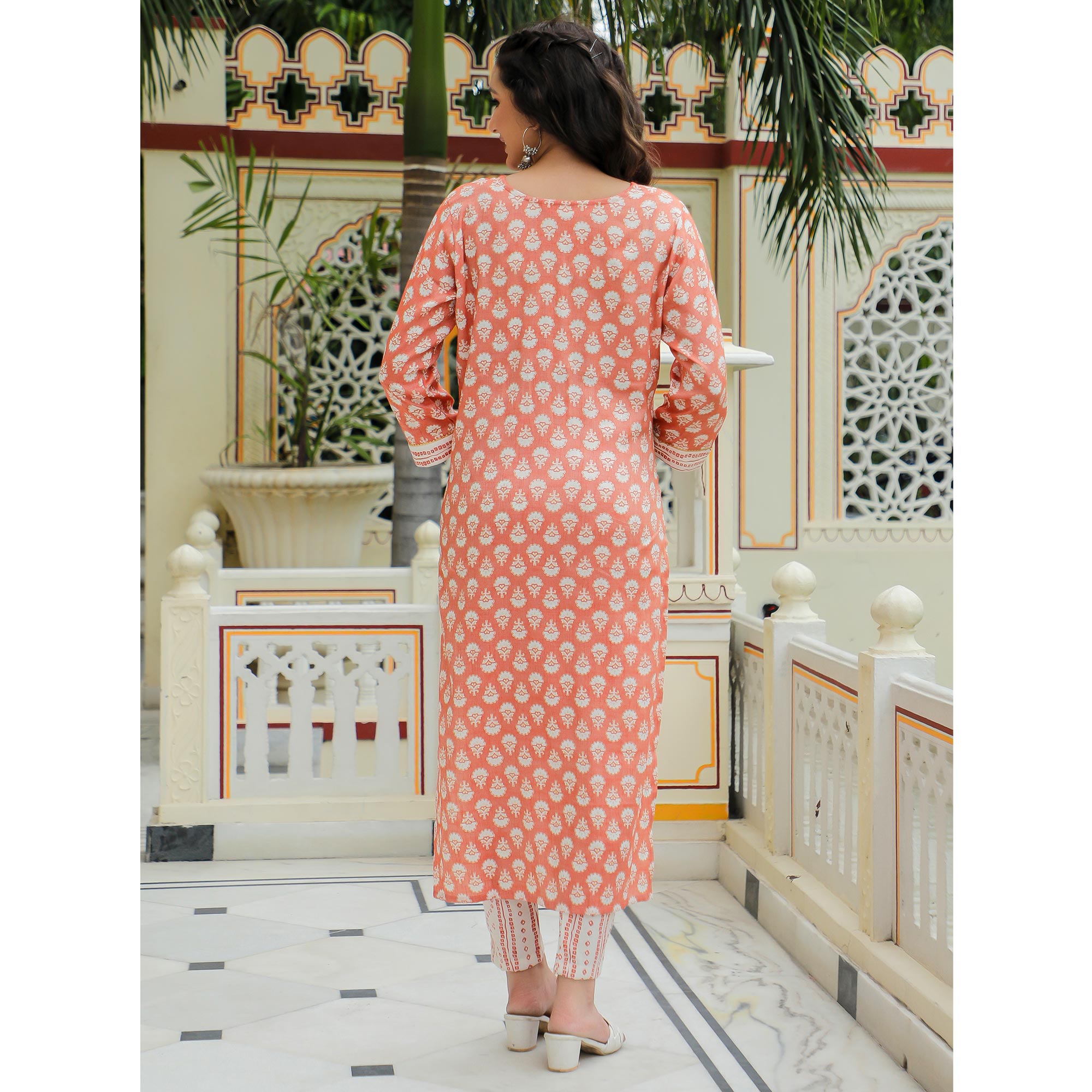 Peach Floral Foil Printed Rayon Suit