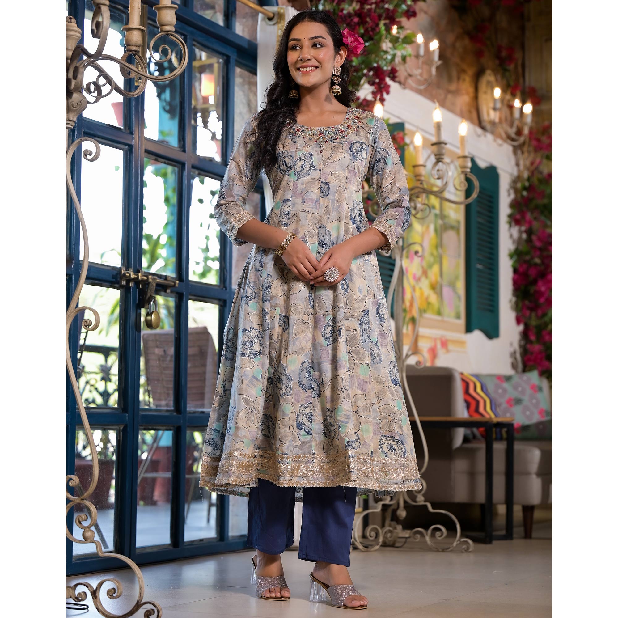 Chikoo & Blue Floral Foil Printed Mulmul Cotton Anarkali Salwar Suit