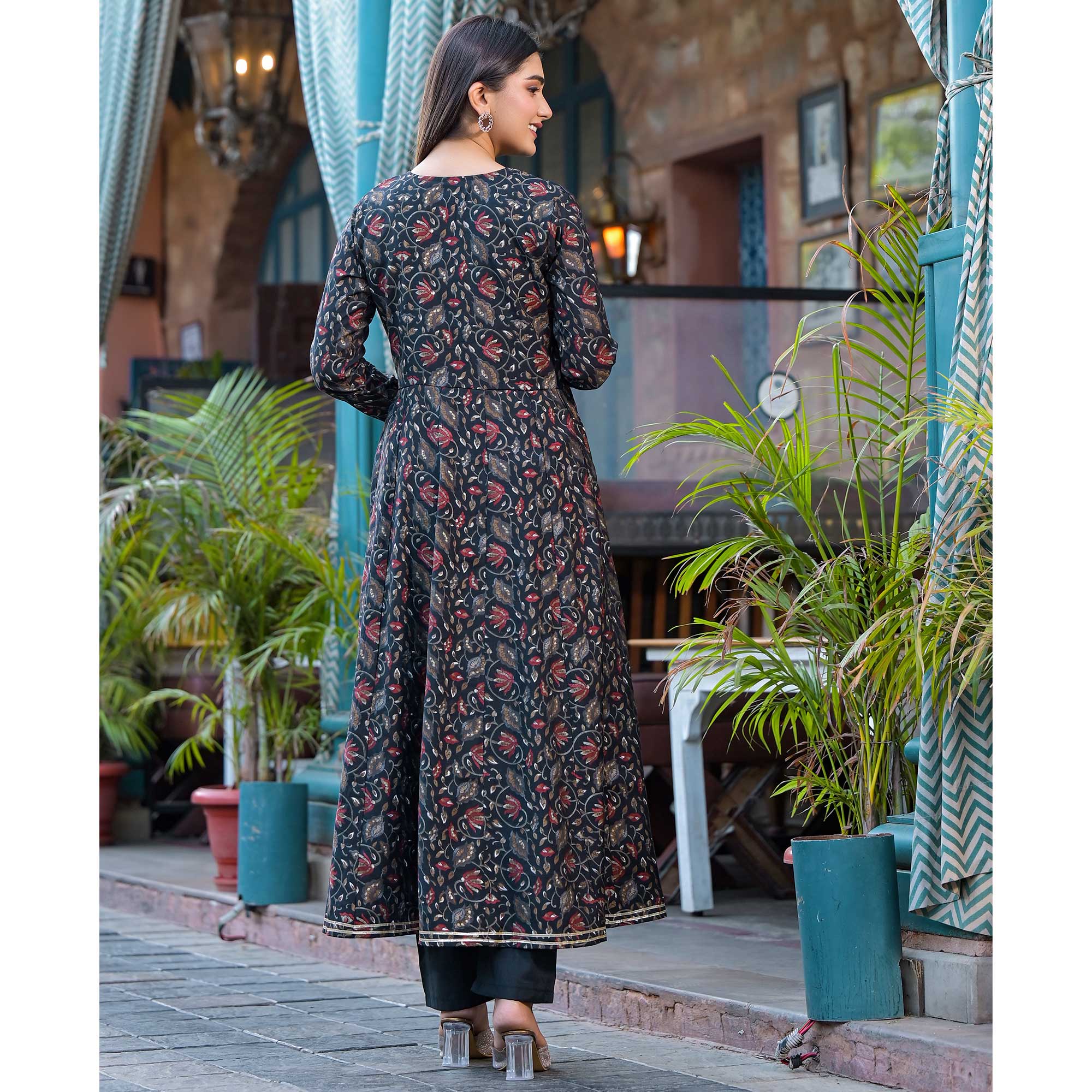 Black Floral Printed Chanderi Silk Anarkali Salwar Suit