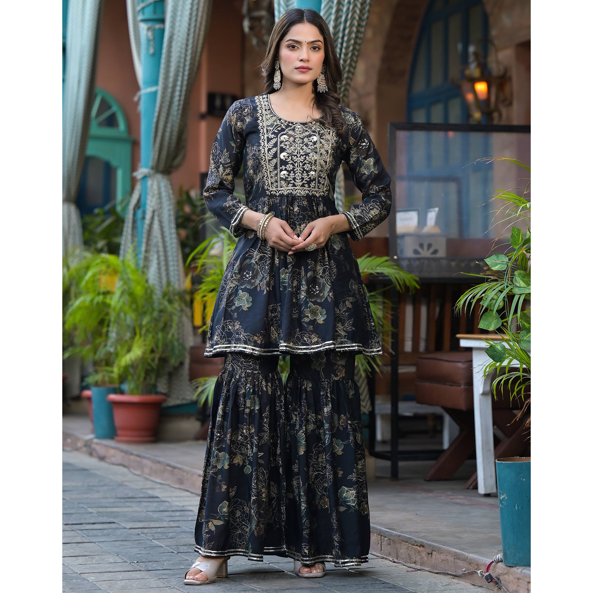 Black Floral Embroidered Chanderi Silk Sharara Suit