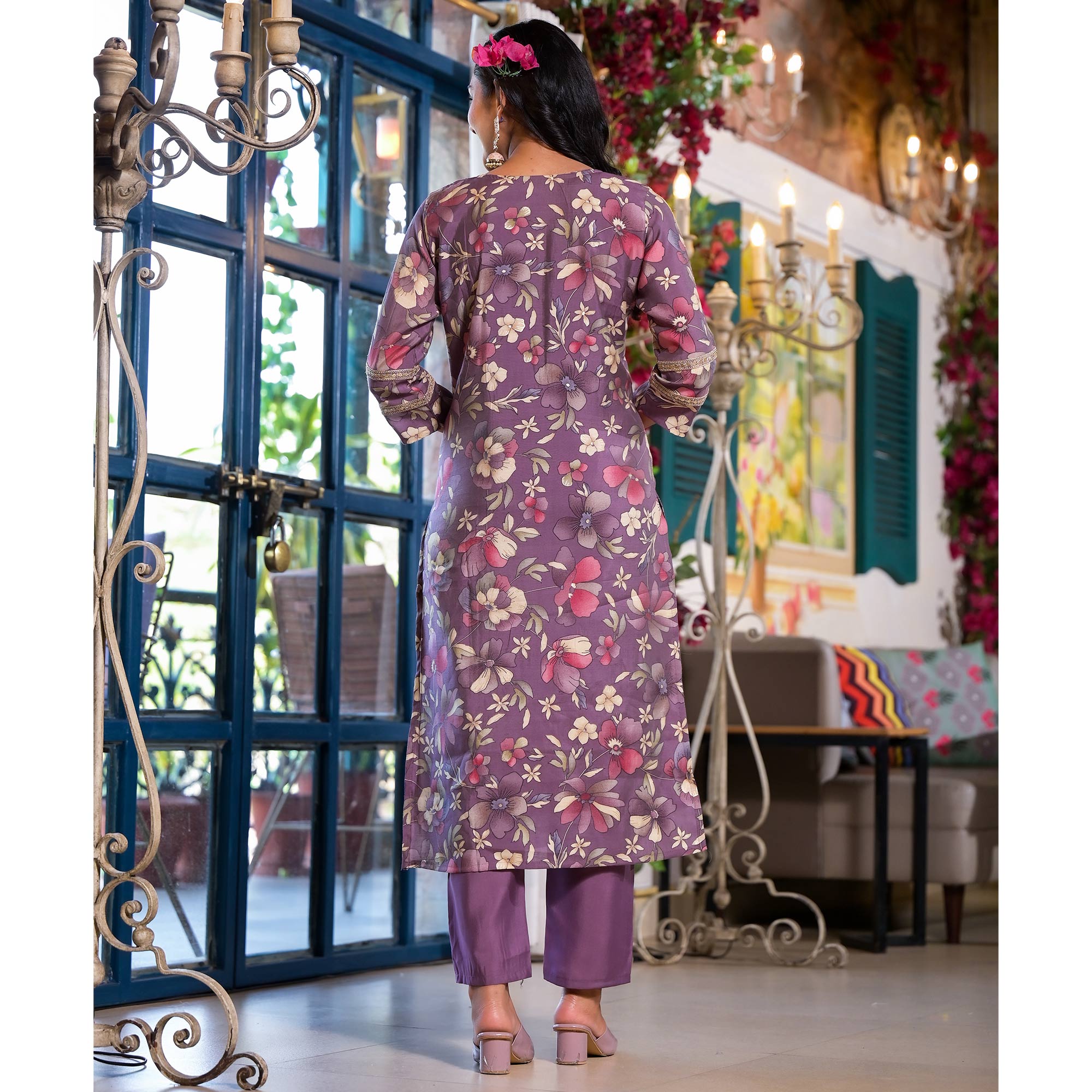 Plum Purple Floral Printed Chanderi Silk Straight Salwar Suit
