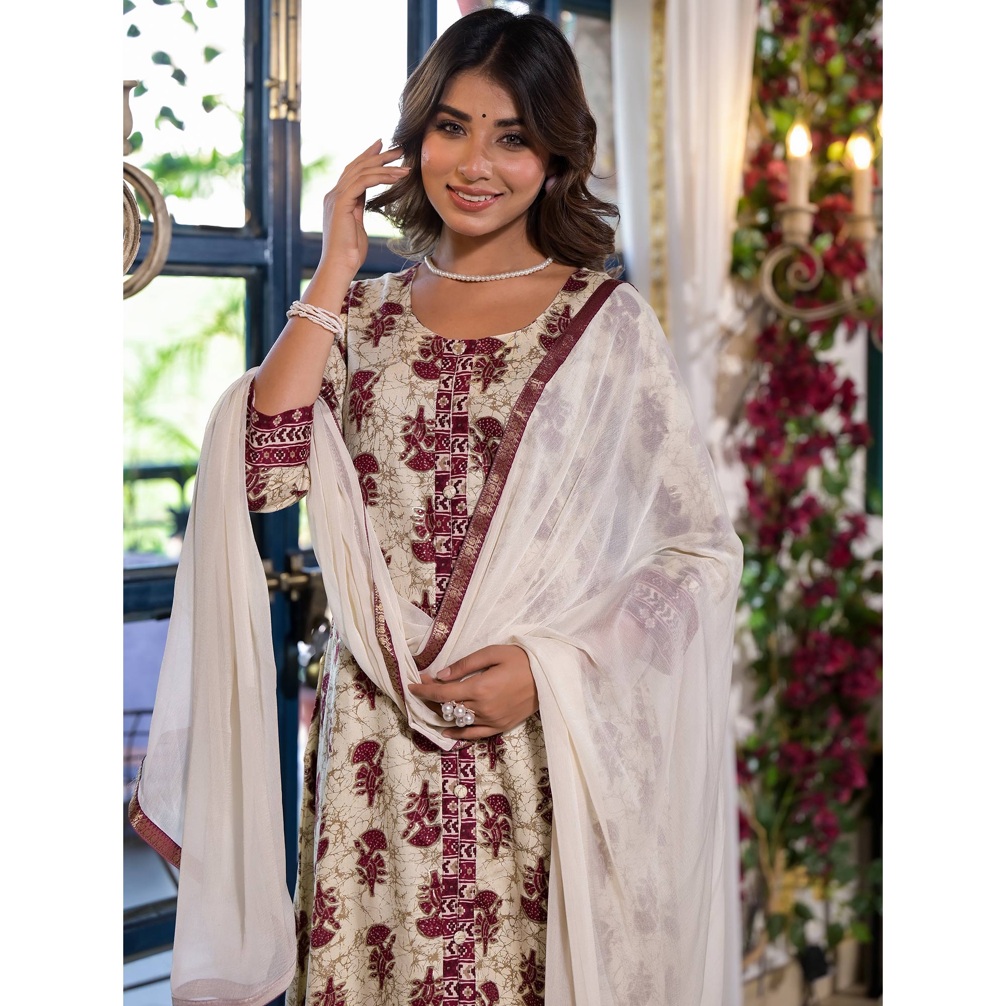 Chikoo & Maroon Floral Foil Printed Rayon A-Line Salwar Suit