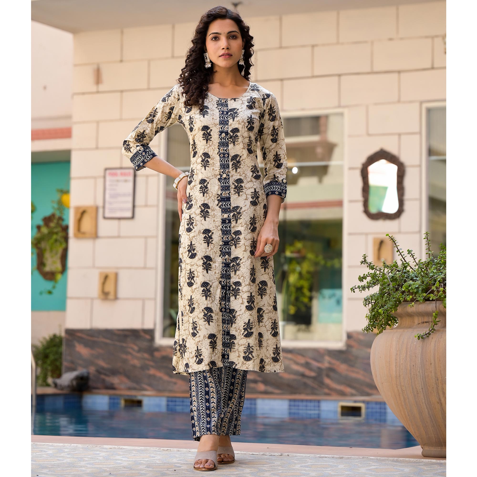 Chikoo & Navy Blue Floral Foil Printed Rayon A-Line Salwar Suit