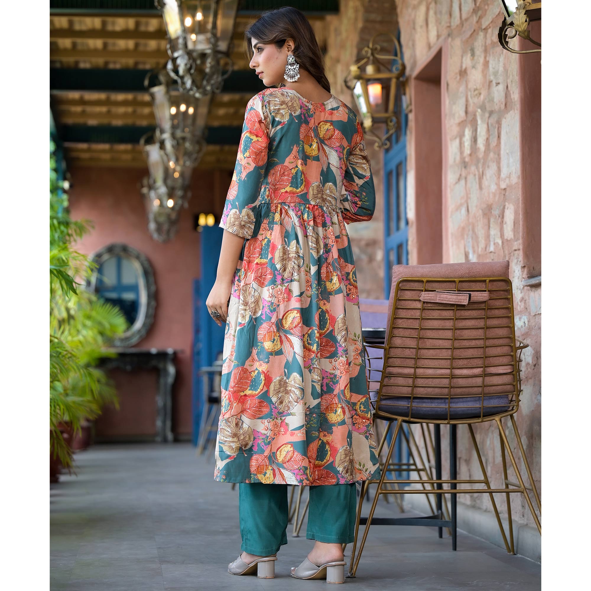 Teal Blue Floral Foil Printed Muslin Alia Cut Salwar Suit With Handcrafted