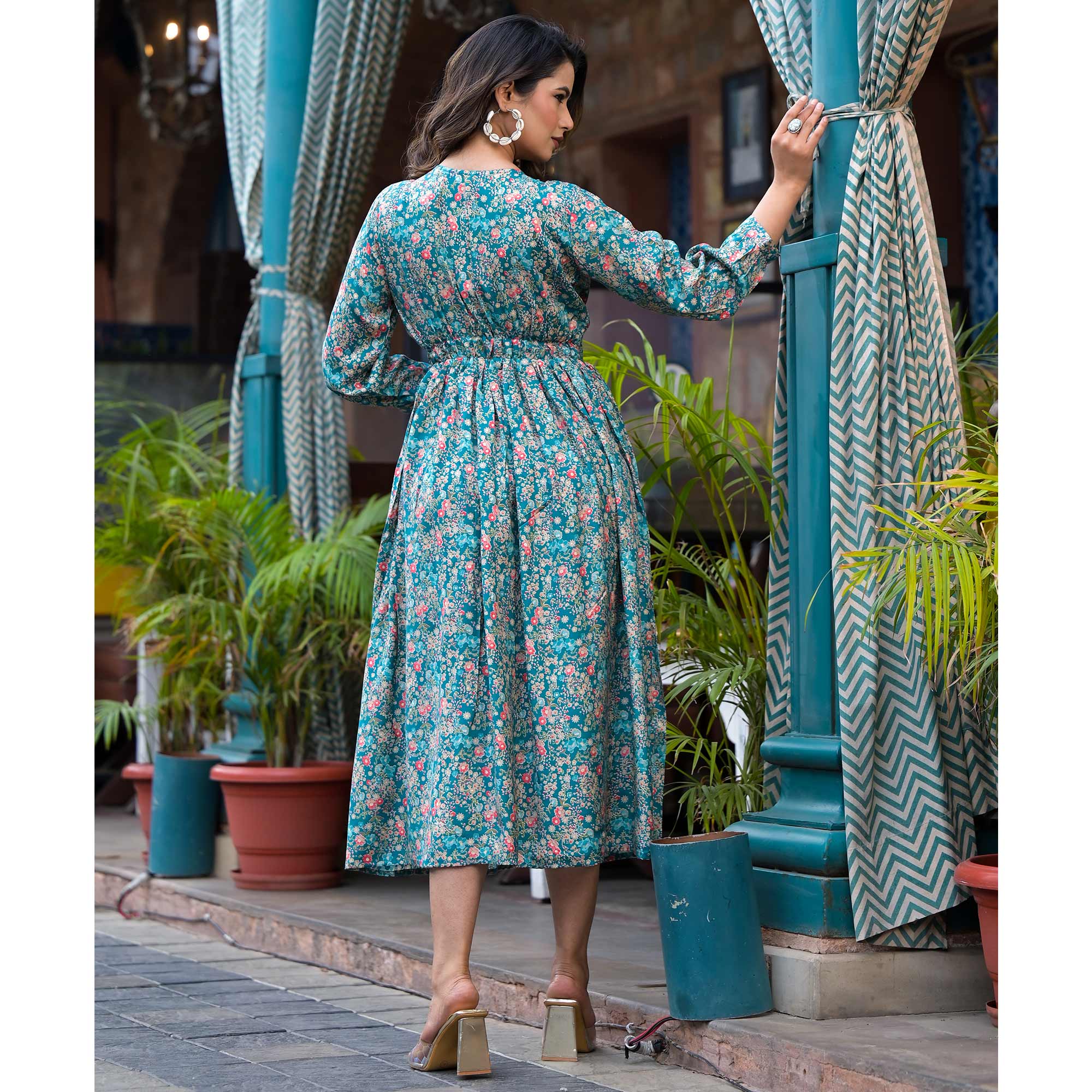 Turquoise Floral Printed Muslin A-line Dress