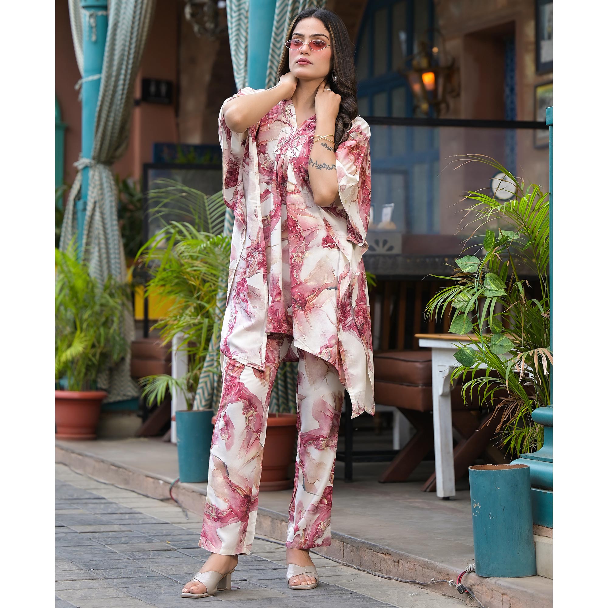 Mauve Foil Printed Rayon Kaftan Co-Ord Set