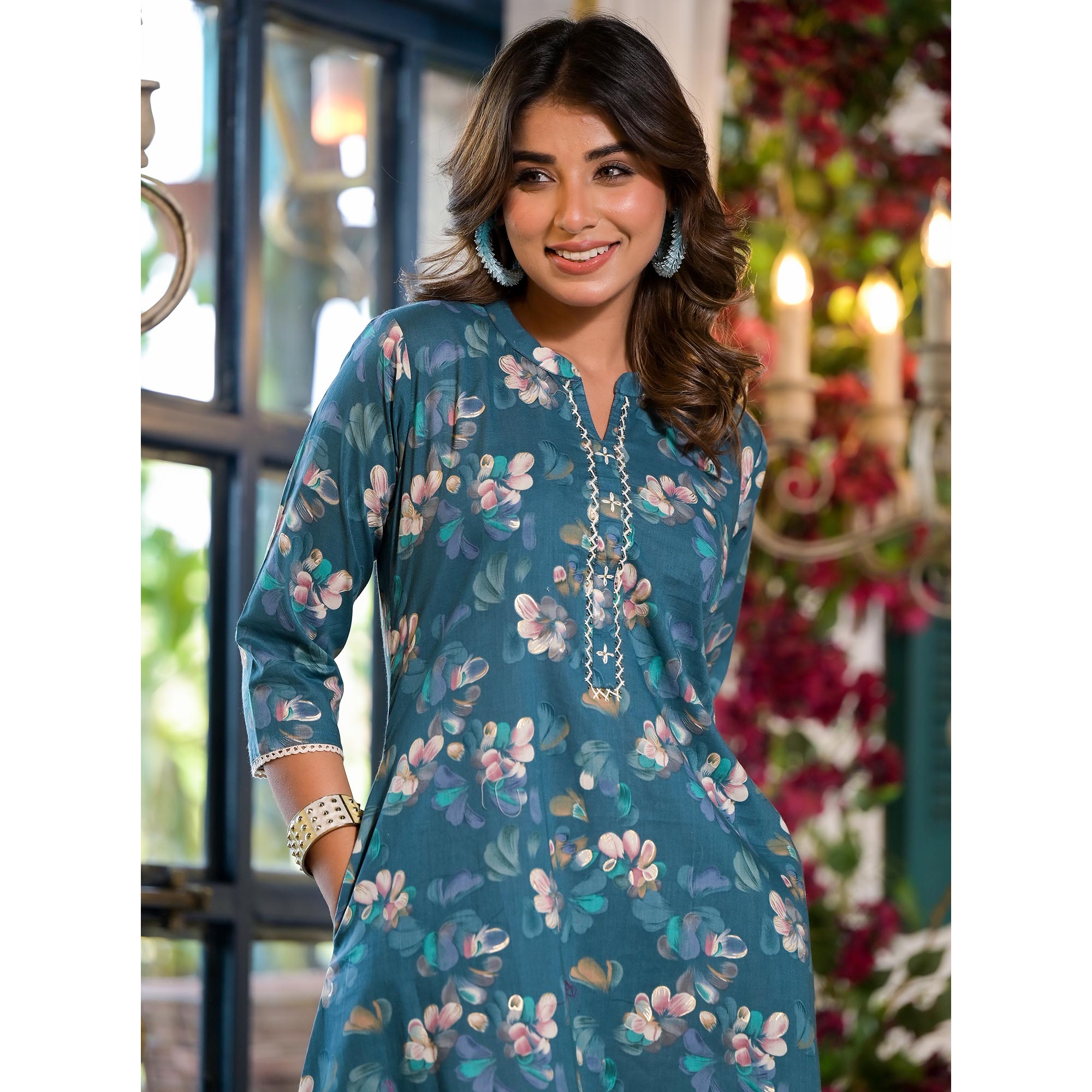 Turquoise Floral Foil Printed Giza Cotton A-Line Dress