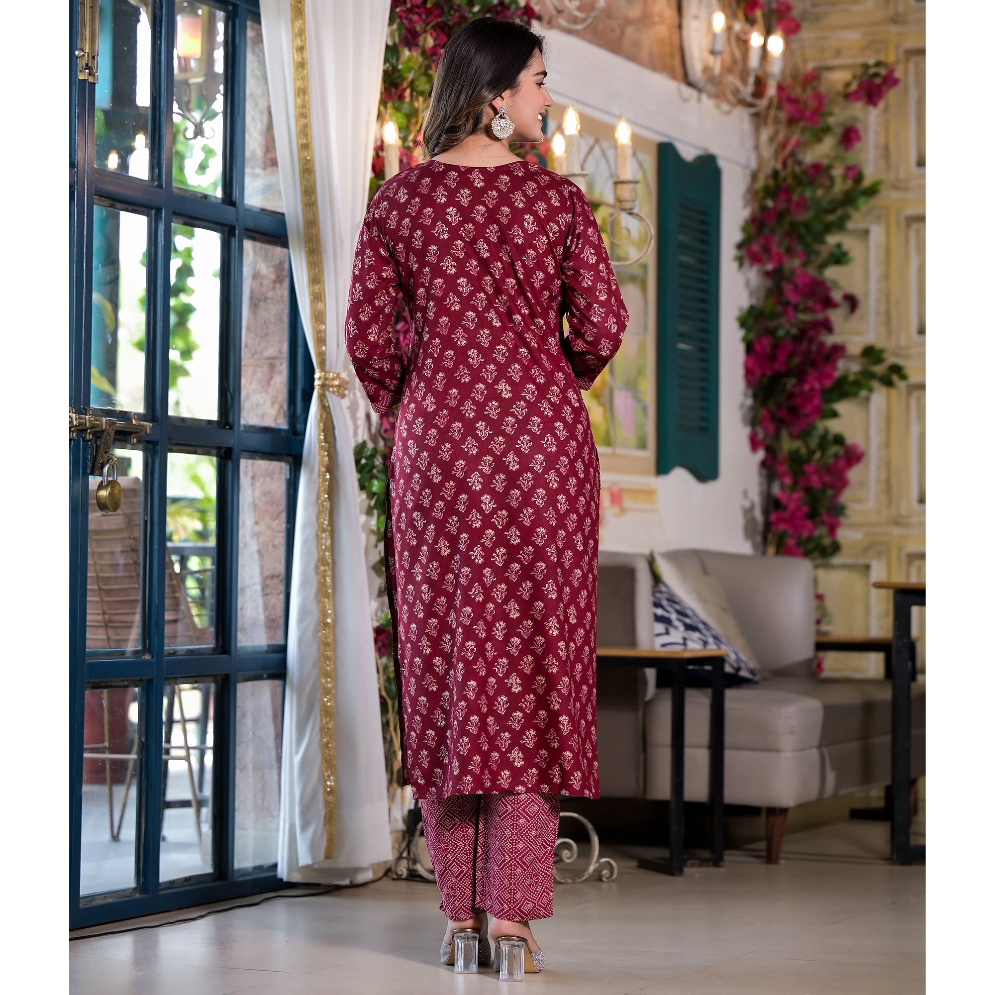 Maroon Floral Naira Cut Rayon Salwar Suit With Mirror Work