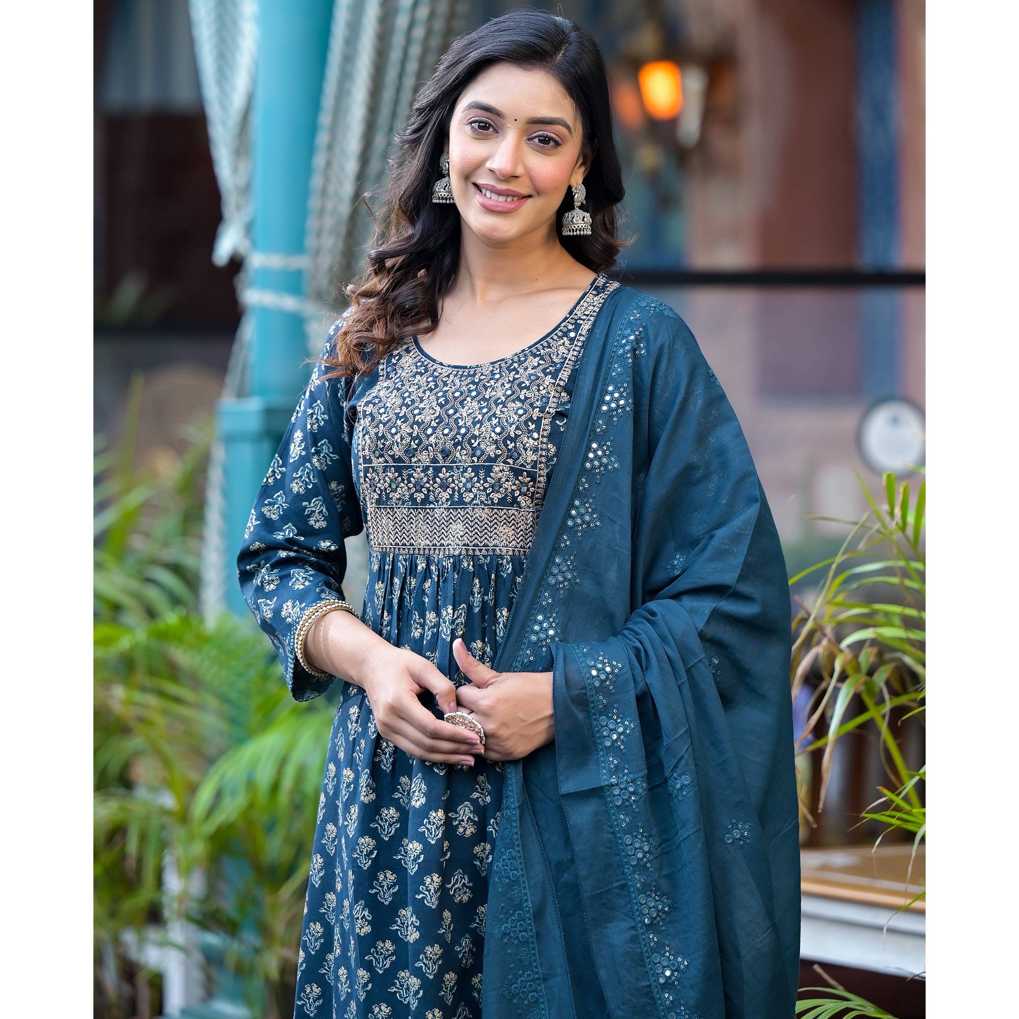 Navy Blue Floral Naira Cut Rayon Salwar Suit With Mirror Work