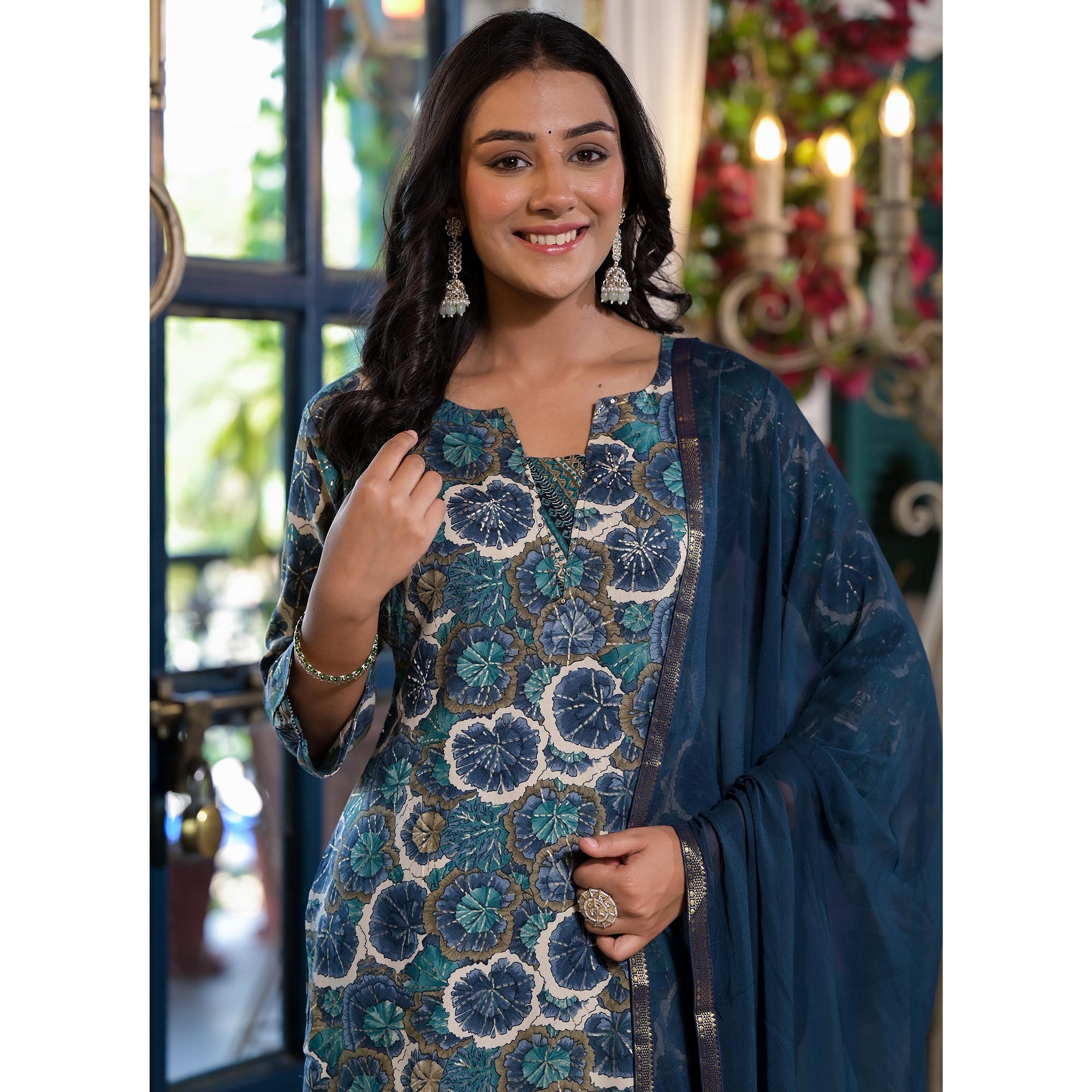 Blue Floral Foil Printed Rayon Straight Salwar Suit